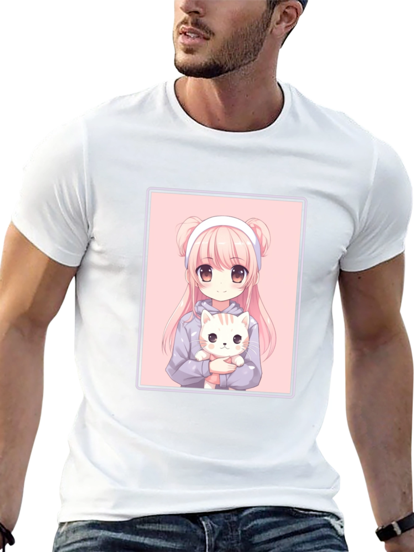 Anime Girl and Cat Graphic Black T-Shirt