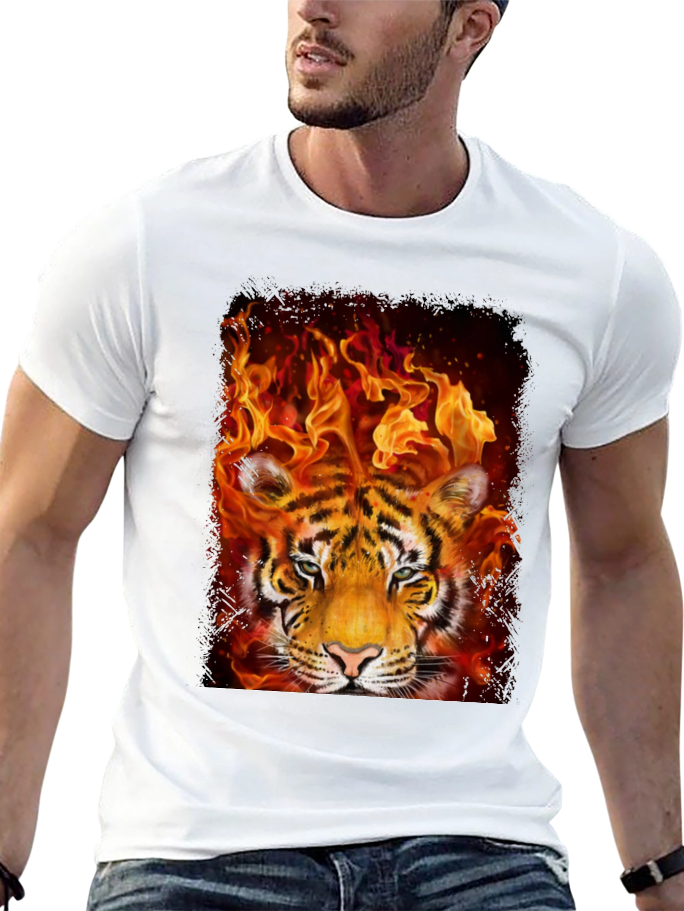 Flaming Tiger Graphic Tee - Bold Mens T-Shirt