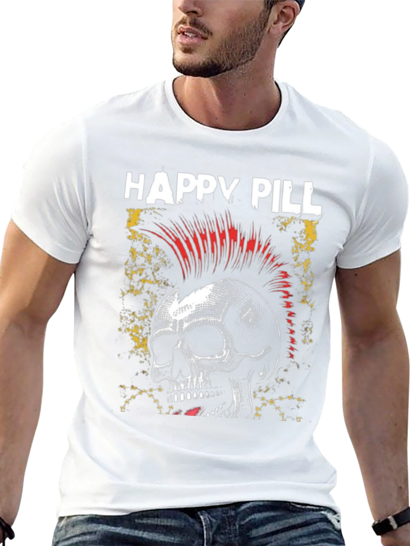 Happy Pill Skull Punk Graphic Black T-Shirt