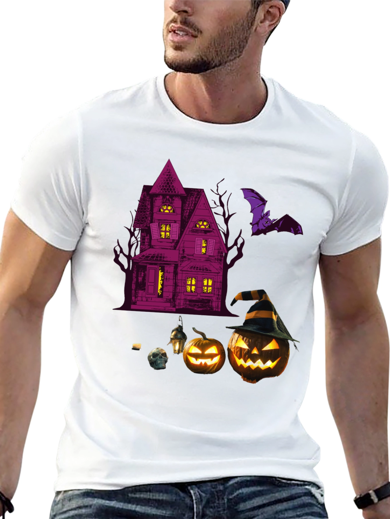Spooky Halloween Graphic Tee - Haunted House & Pumpkins