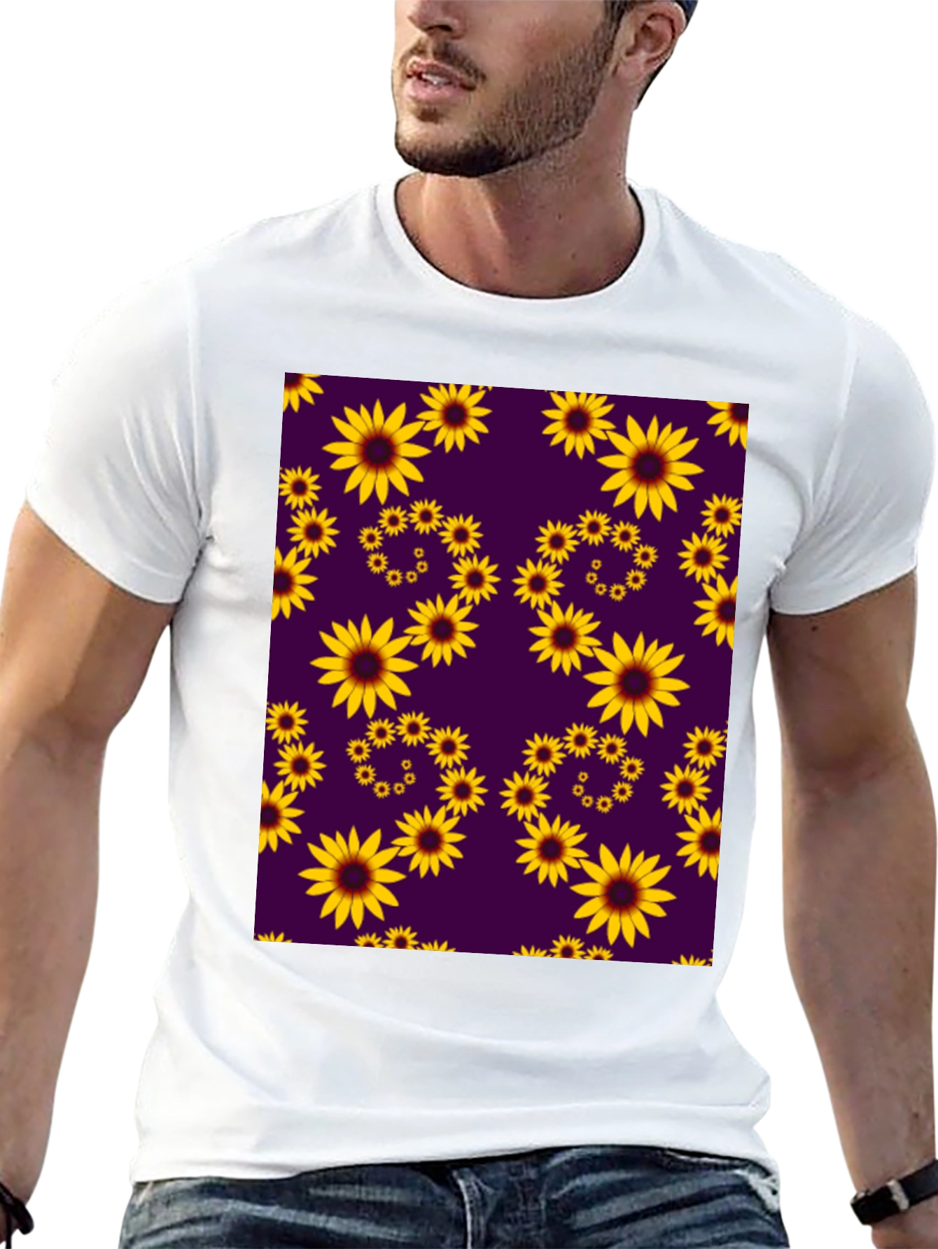 Sunflower Pattern Black T-Shirt