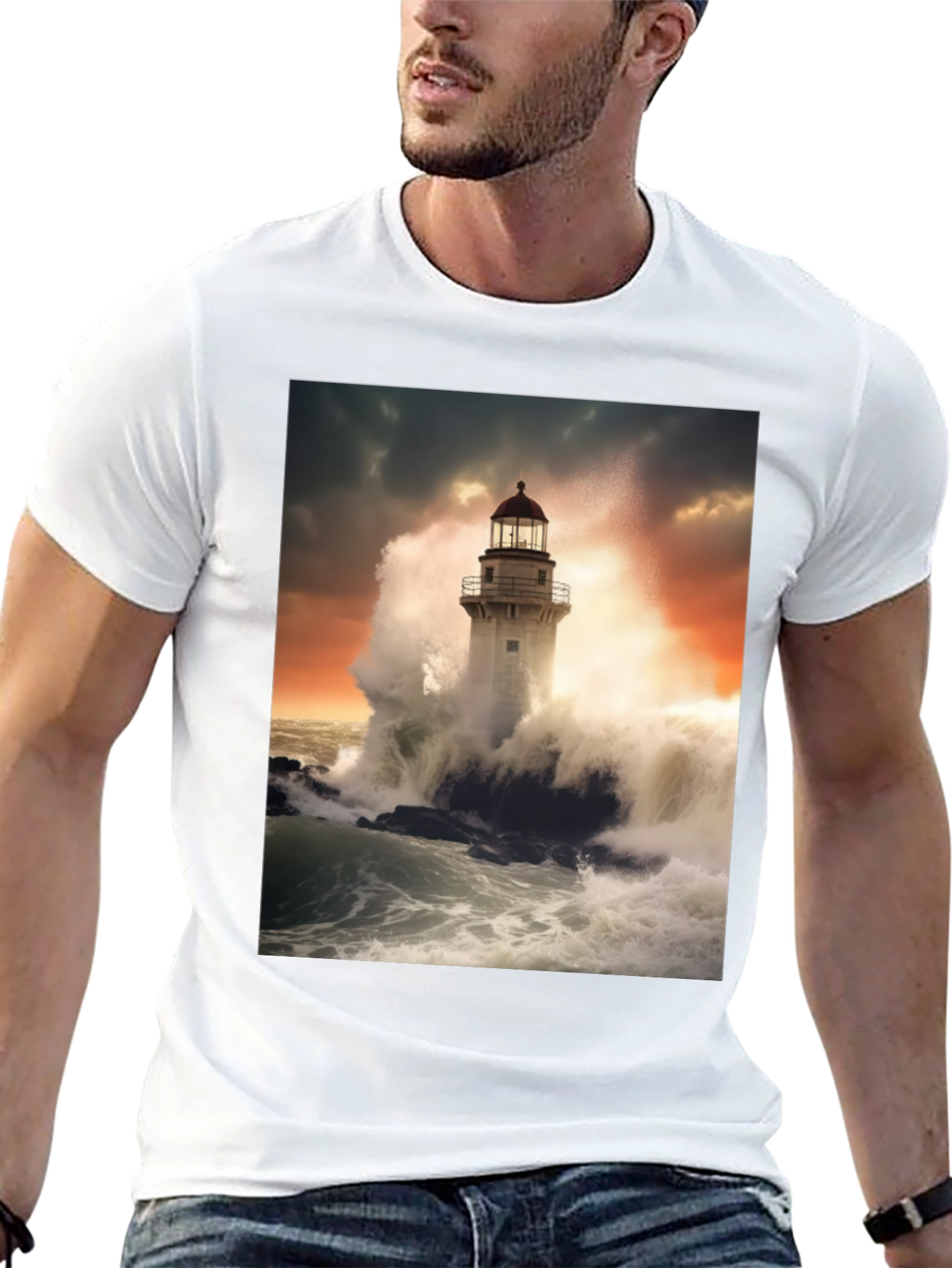 Lighthouse Wave T-Shirt - Stormy Sea Design