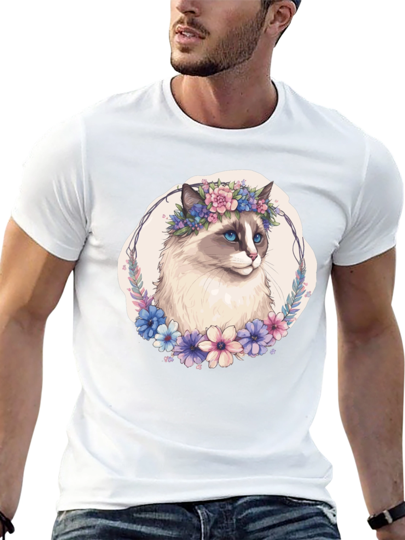 Floral Crown Cat T-Shirt - Unisex Black Tee