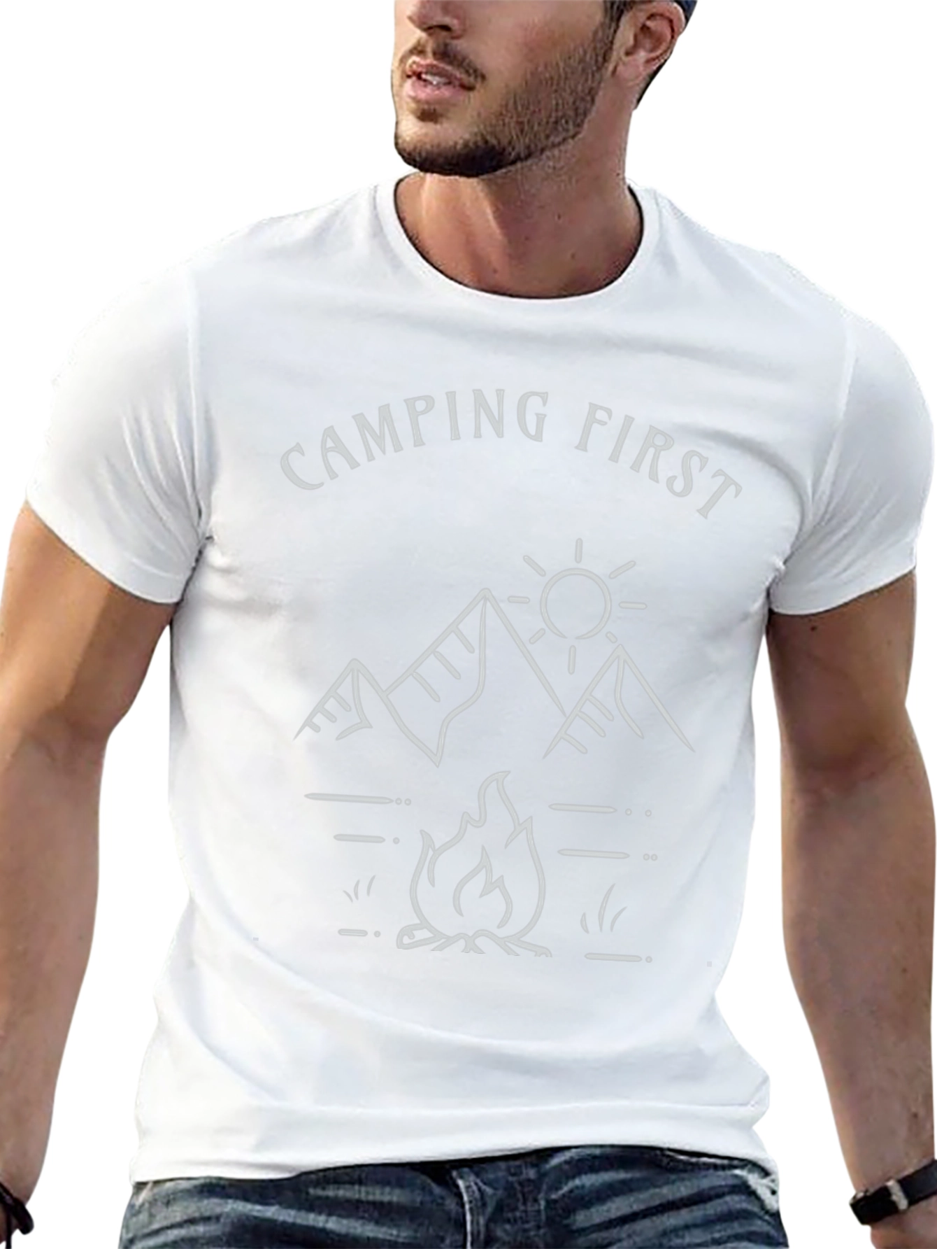 Camping First T-Shirt | Mountain & Campfire Design