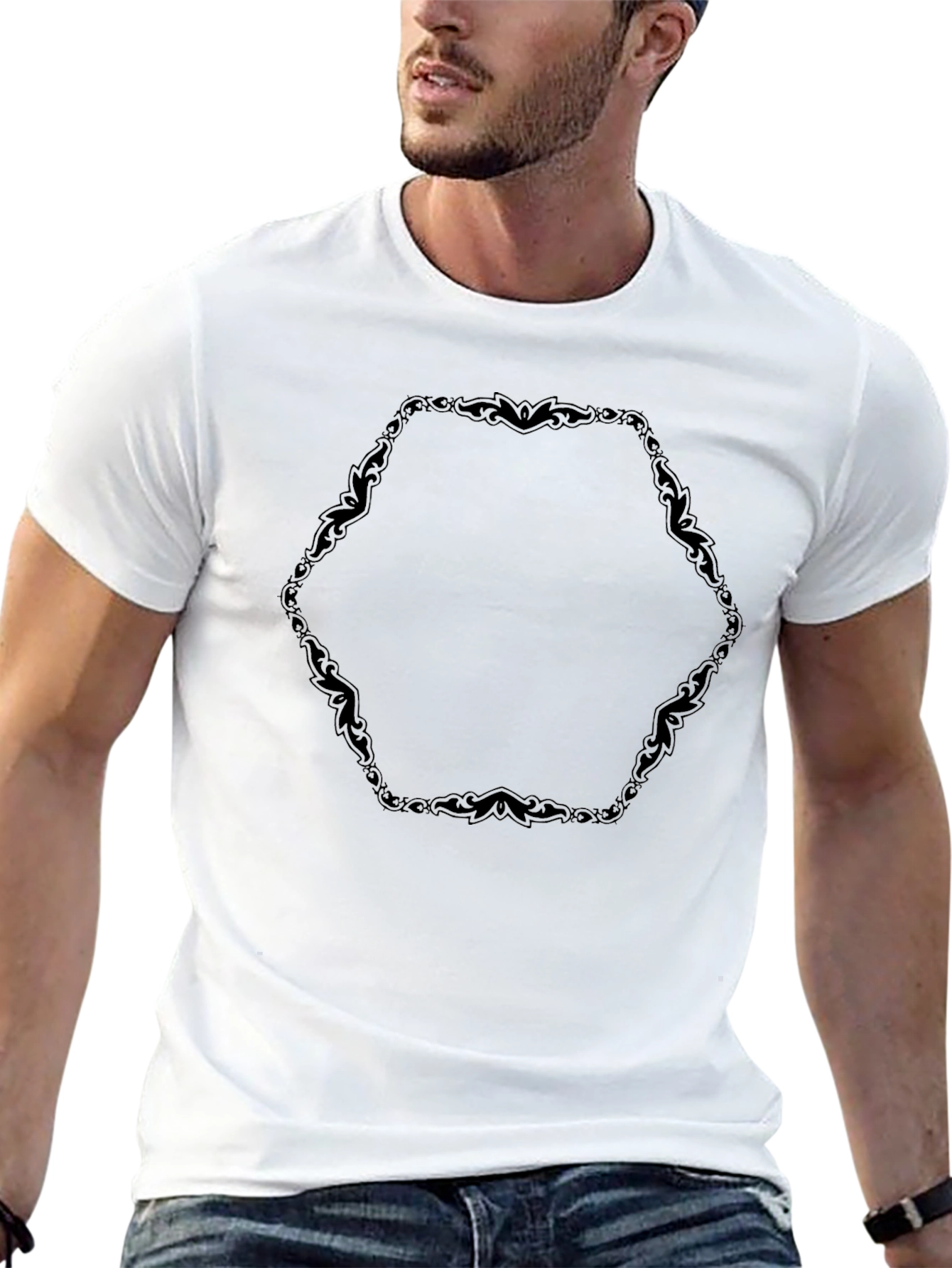 Mens Black Tee with Ornamental Hexagon Design