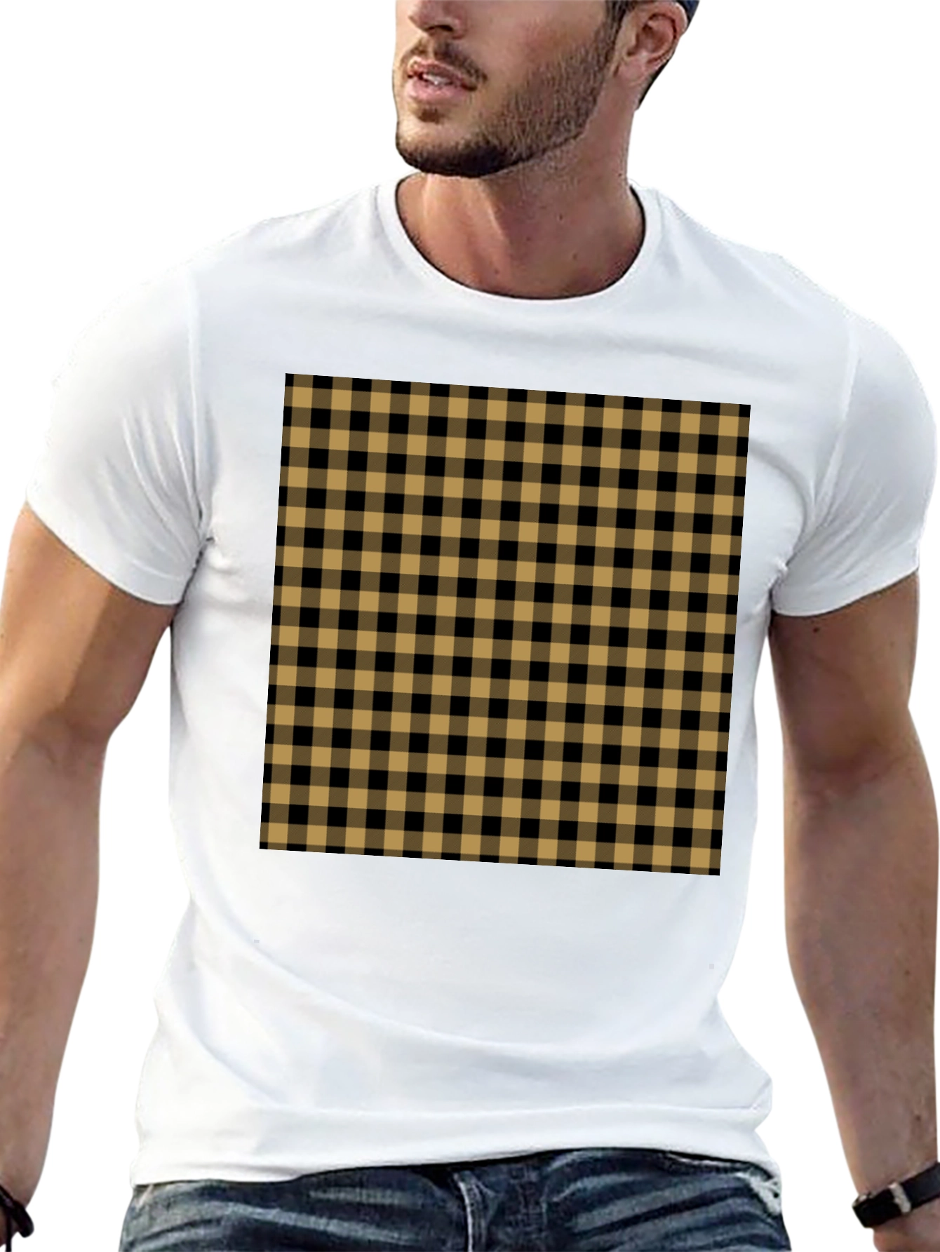 Mens Black Tee with Tan Plaid Design