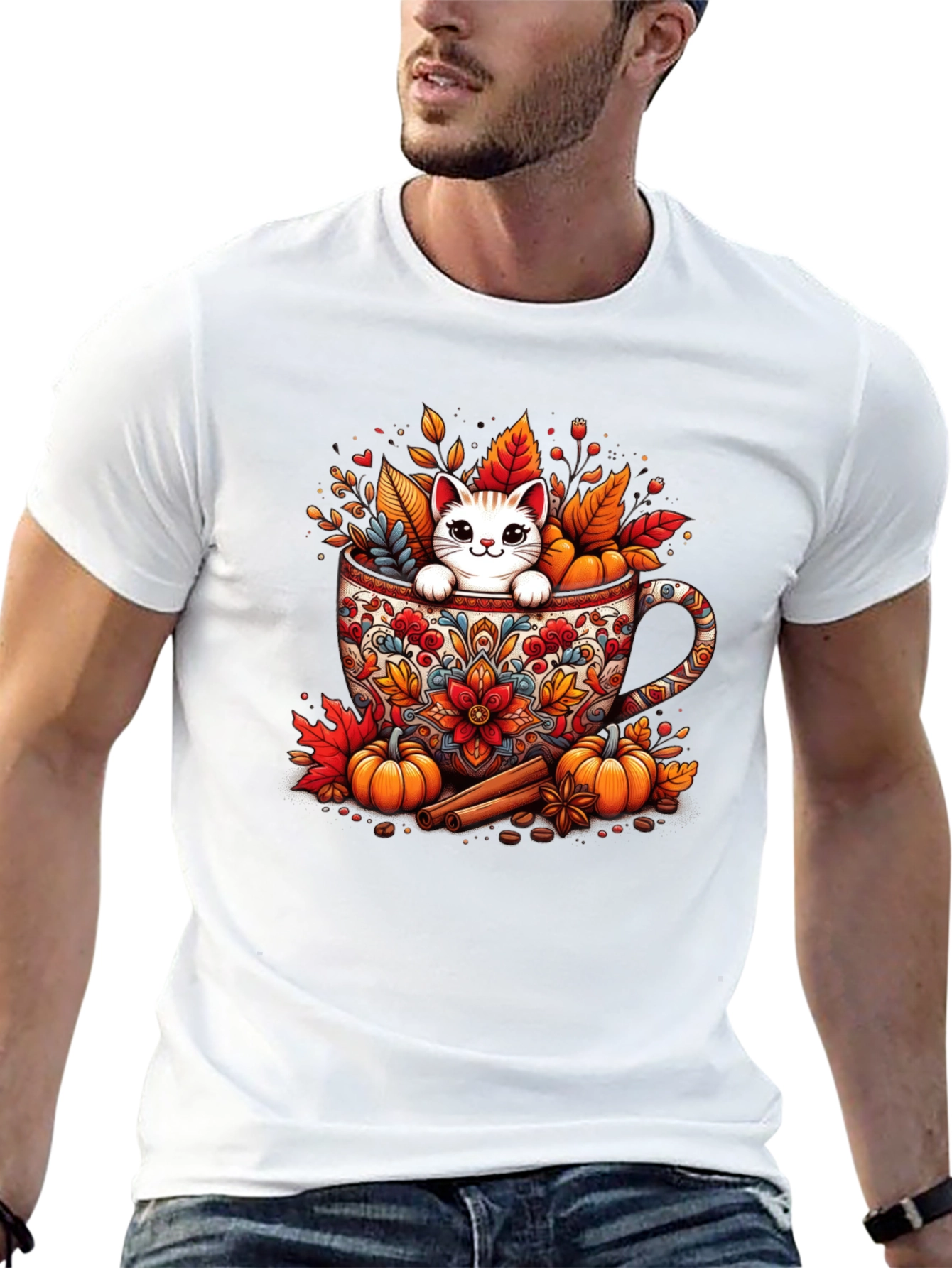 Fall Cat in Mug T-Shirt - Cozy Autumn Style