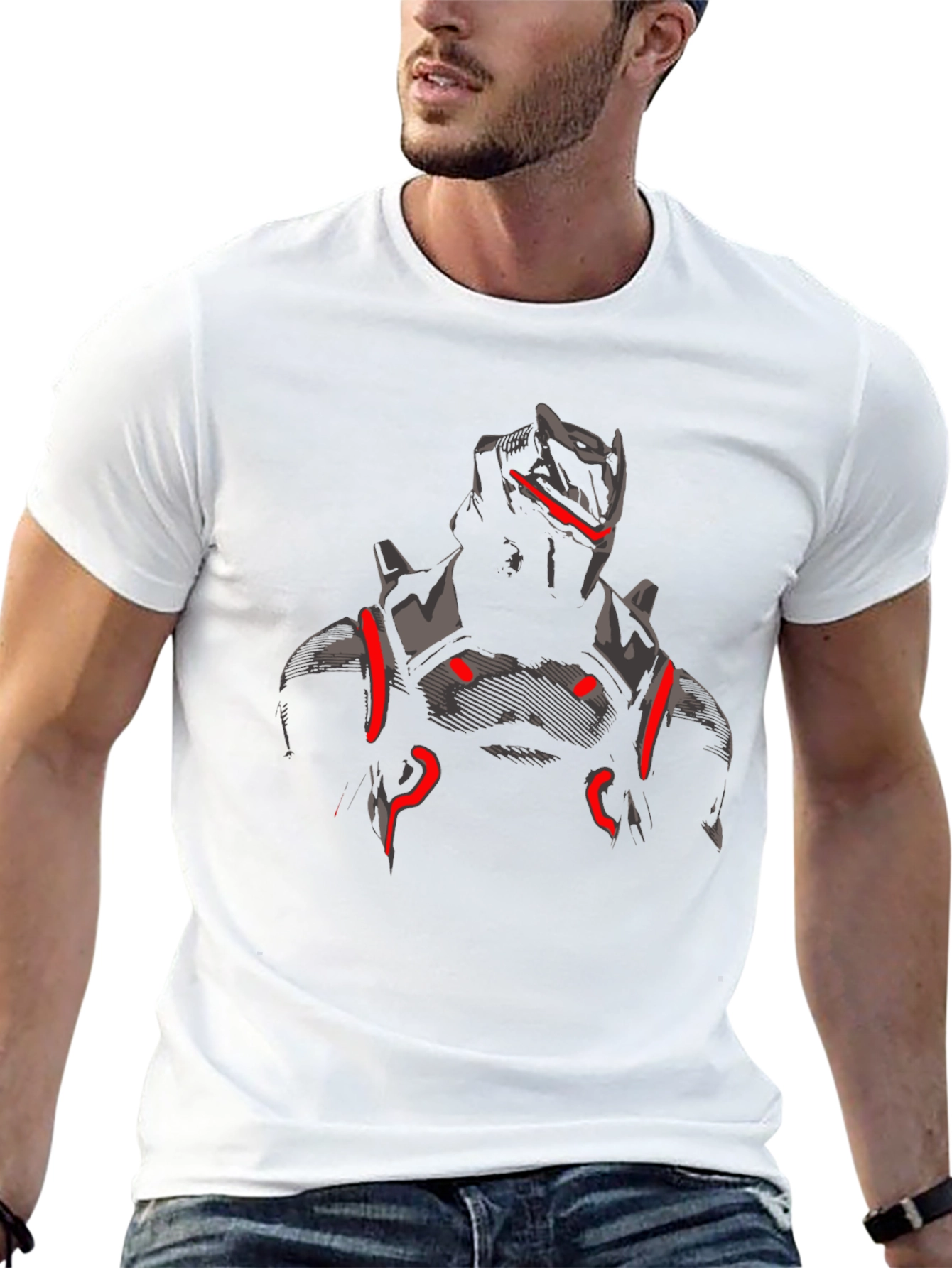 Mens Black Graphic Tee - Futuristic Armor Design