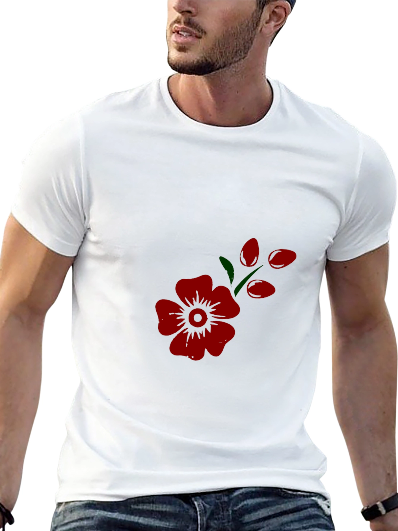Mens Black Tee with Red Flower Print