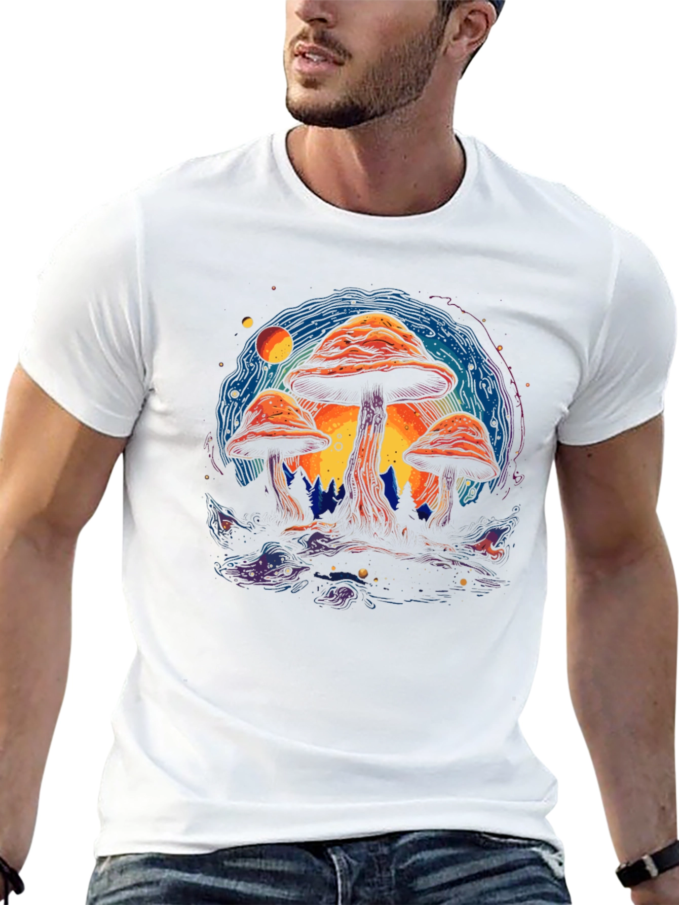 Psychedelic Mushroom Graphic Tee - Black Cotton T-Shirt