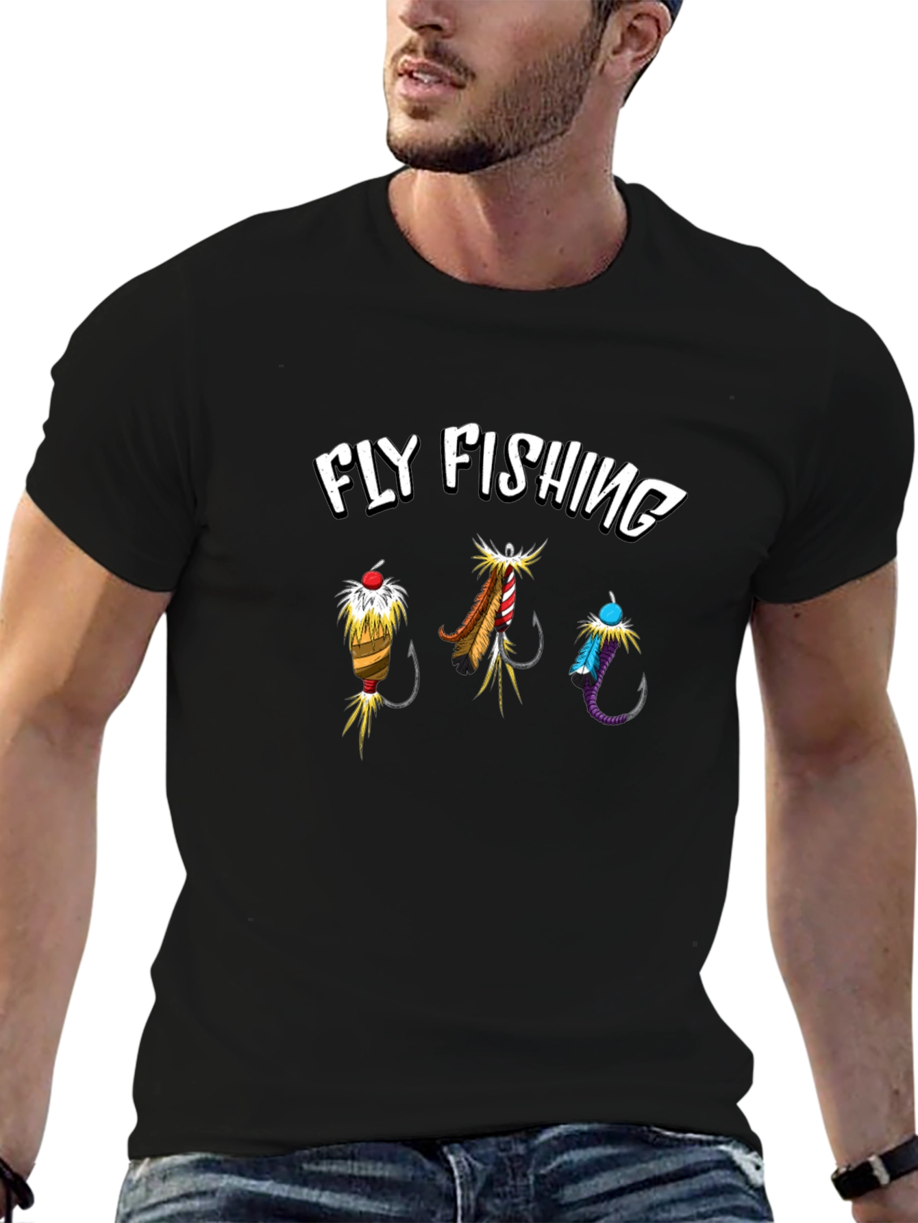 Fly Fishing Graphic Tee - Black Cotton T-Shirt