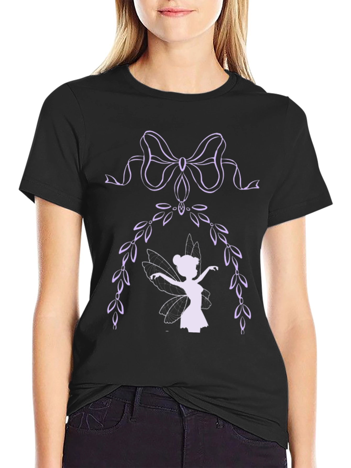 Whimsical Fairy Graphic Tee - Black Cotton Blend