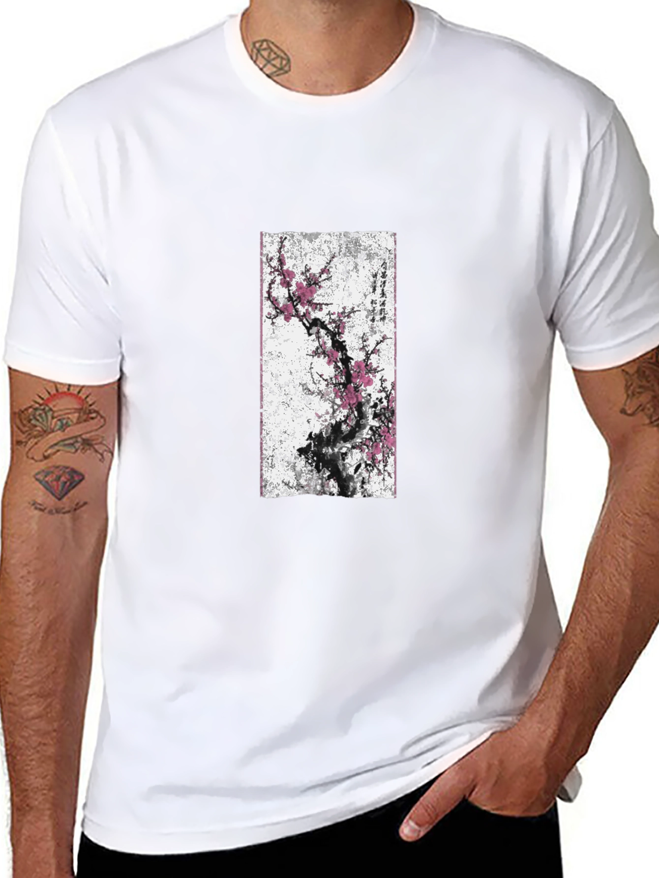 Black T-Shirt with Blossom Tree Graphic