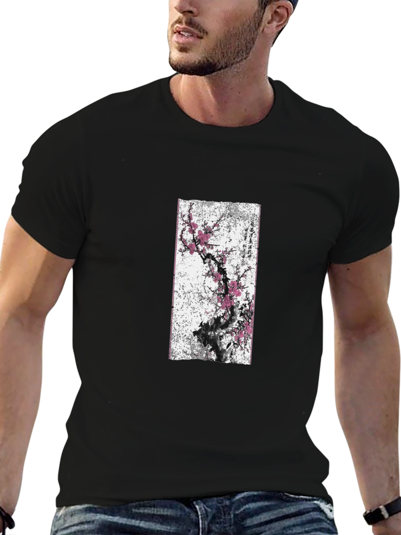 Black T-Shirt with Blossom Tree Graphic