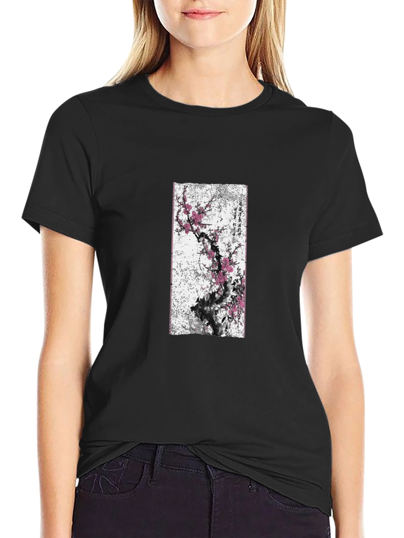 Black T-Shirt with Blossom Tree Graphic