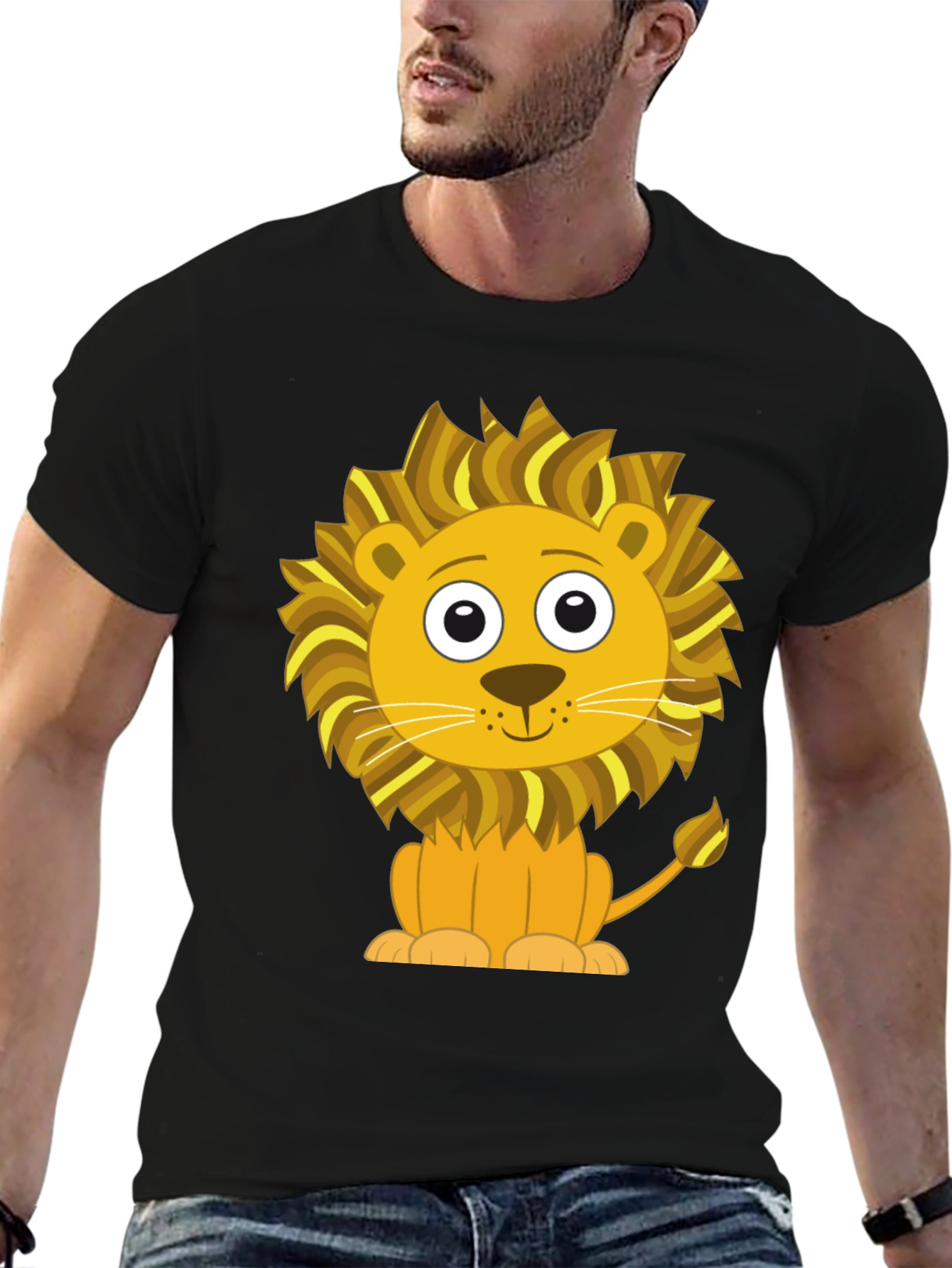 Cute Cartoon Lion Graphic T-Shirt - Black Cotton Tee