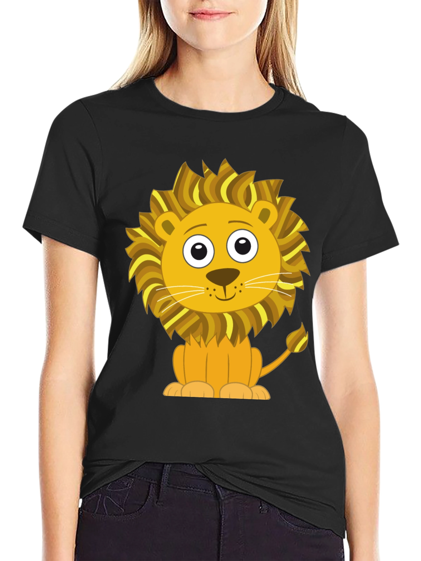 Cute Cartoon Lion Graphic T-Shirt - Black Cotton Tee