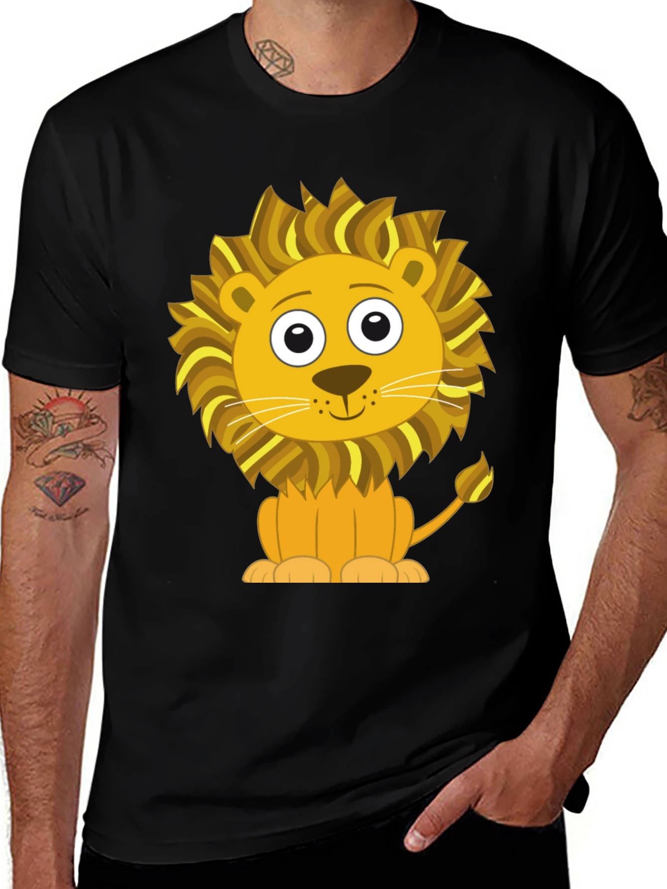 Cute Cartoon Lion Graphic T-Shirt - Black Cotton Tee