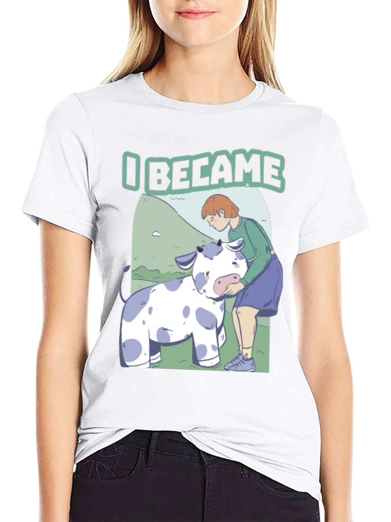 I Became T-Shirt: Cartoon Cow & Girl Design