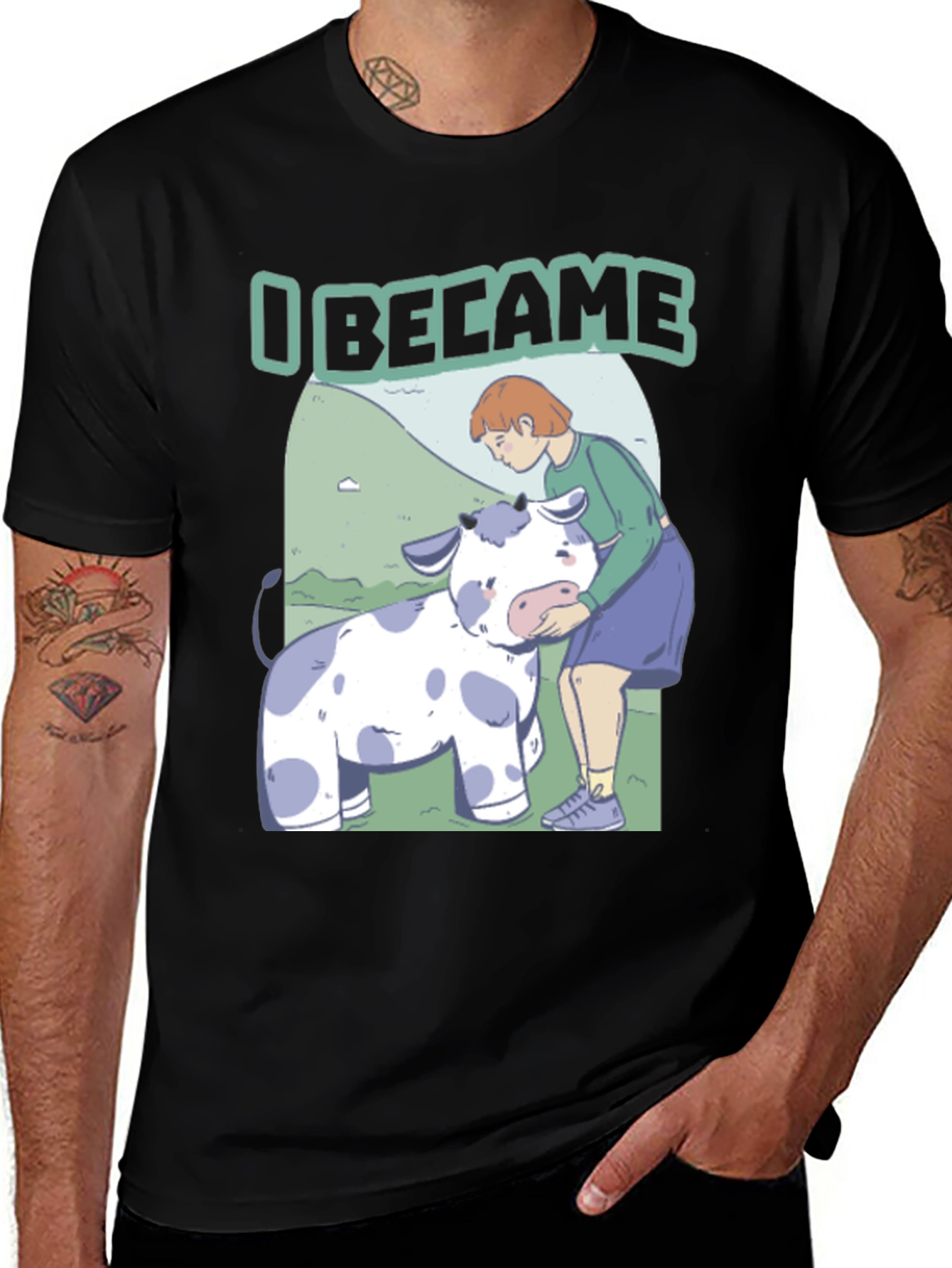 I Became T-Shirt: Cartoon Cow & Girl Design