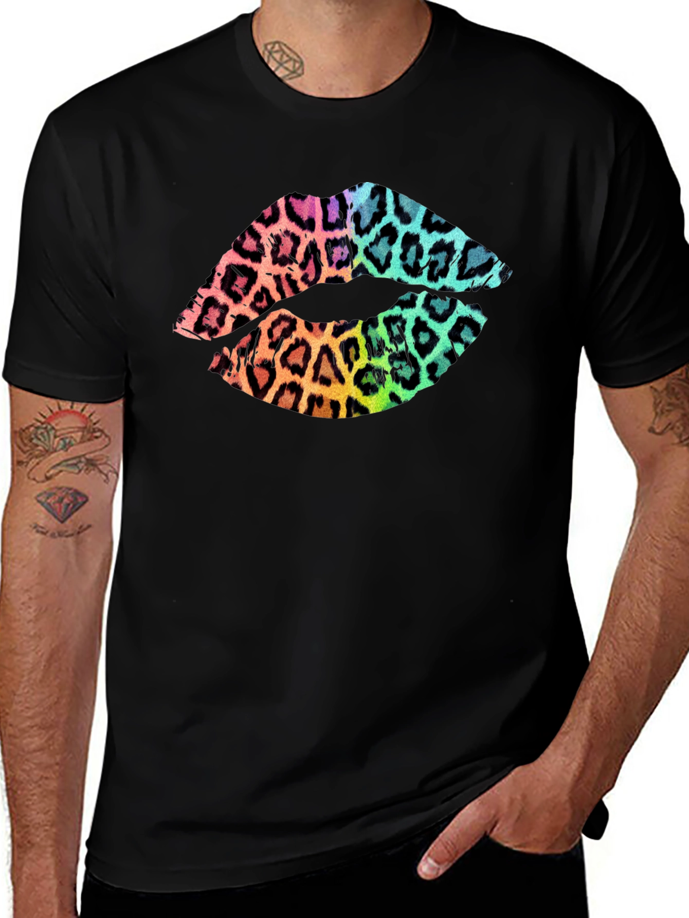 Leopard Print Lips Graphic Tee - Mens Black T-Shirt