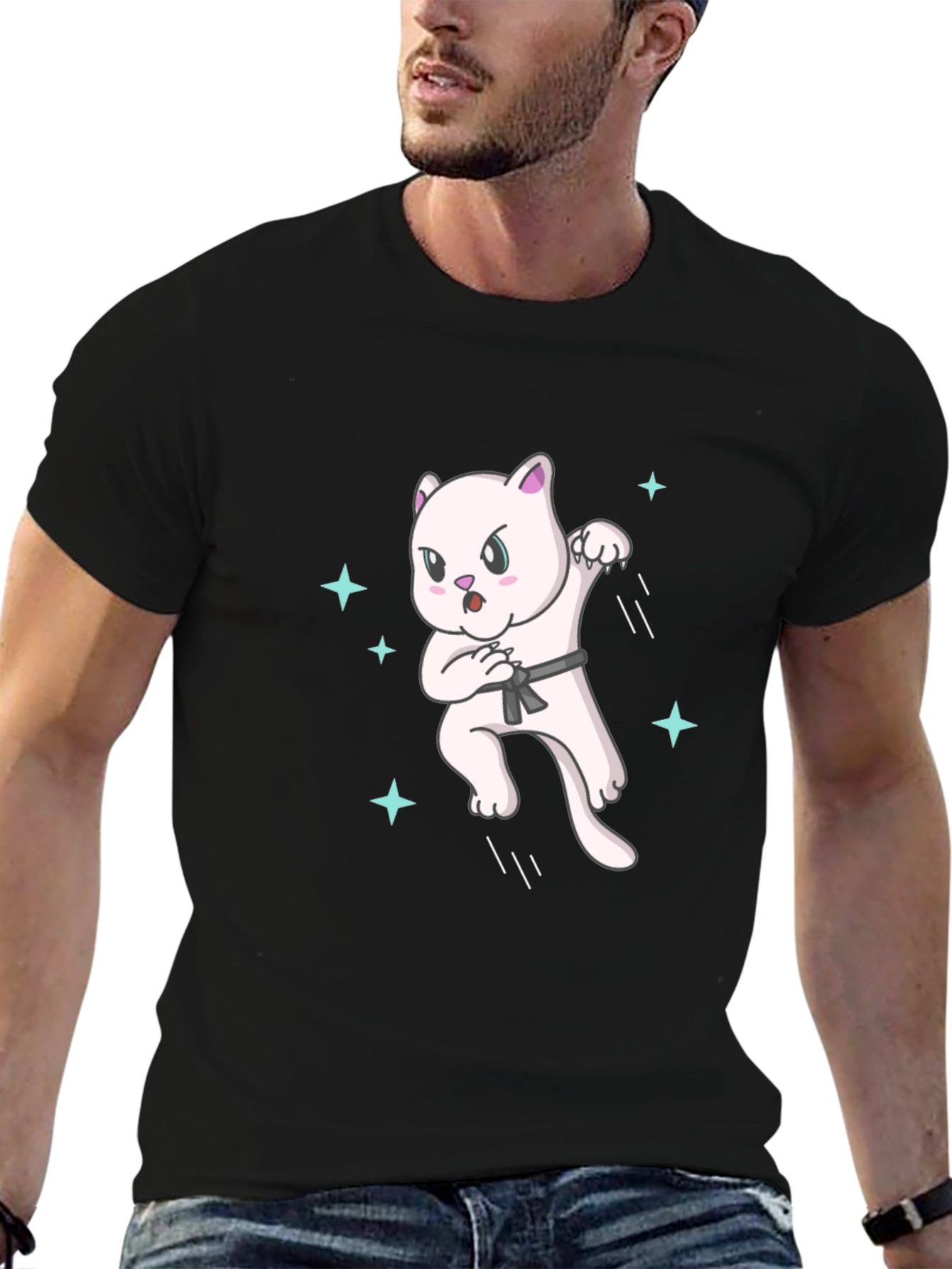 Karate Cat T-Shirt - Black Belt Star Power