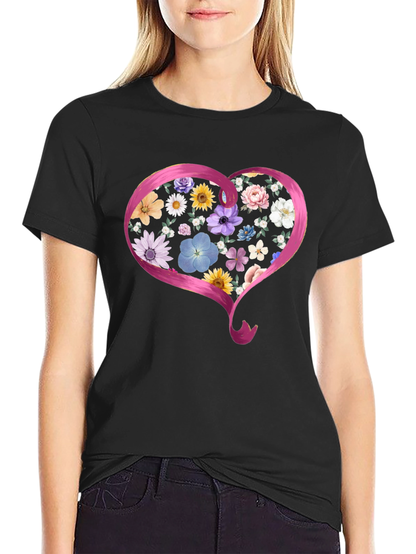 Floral Heart Graphic Black T-Shirt