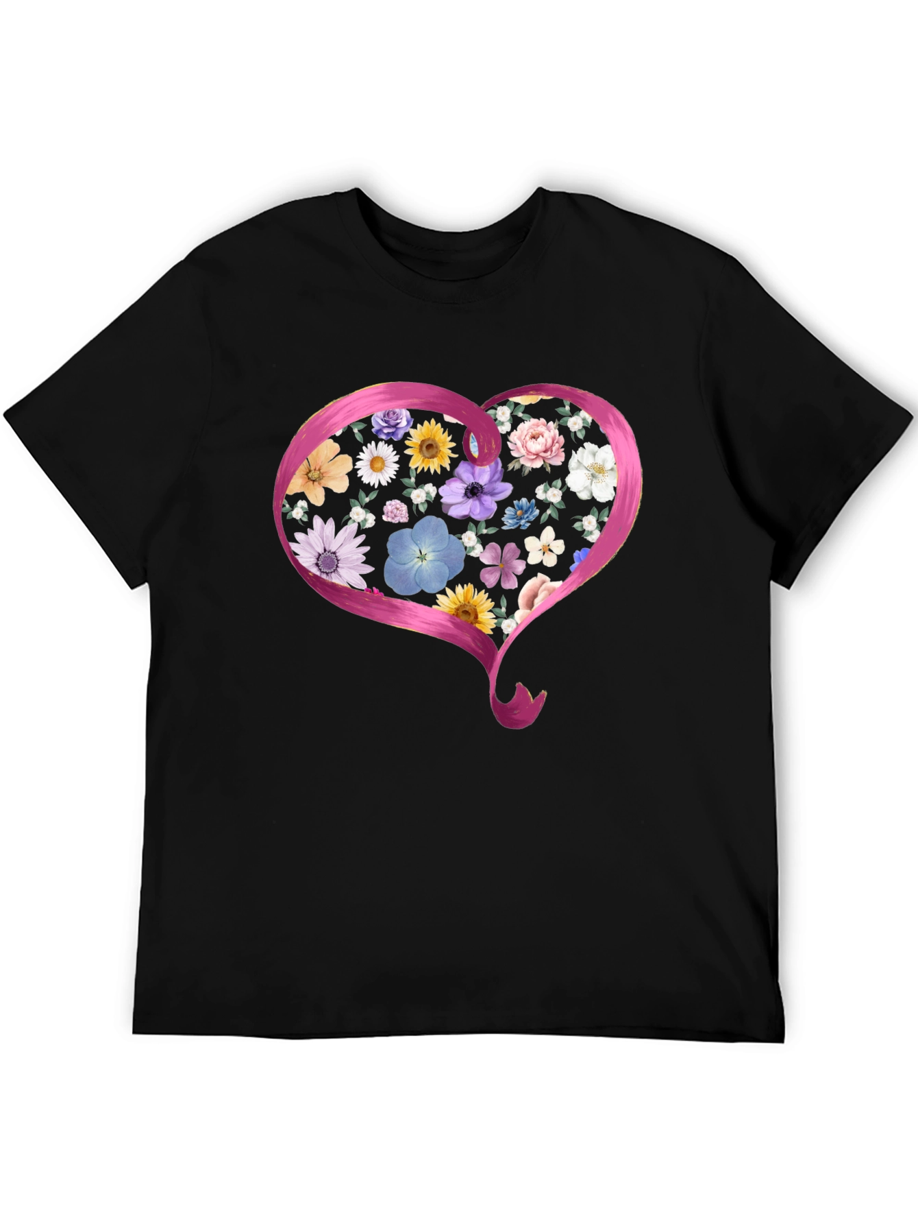 Floral Heart Graphic Black T-Shirt