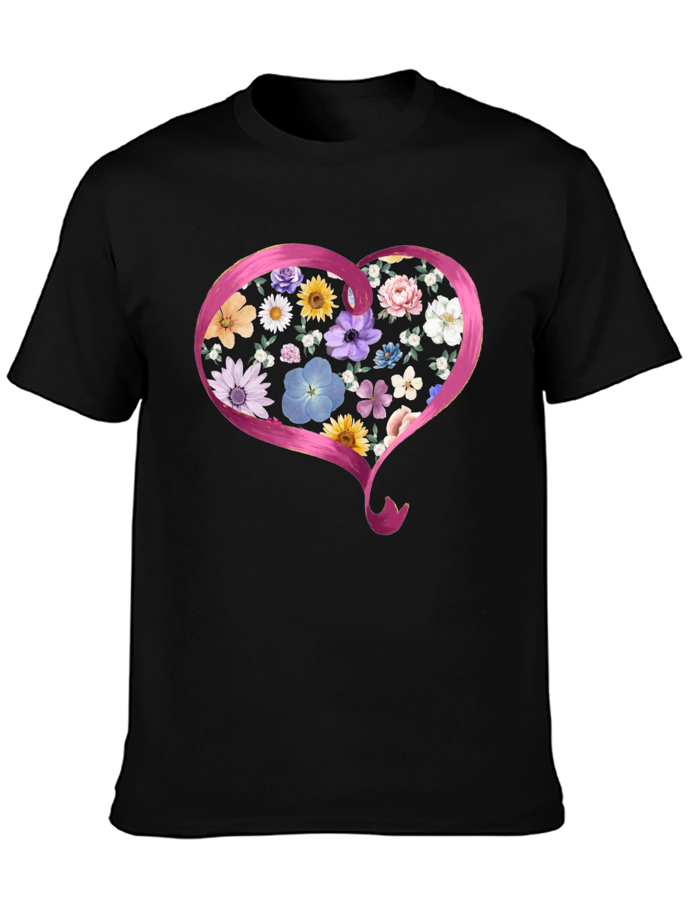 Floral Heart Graphic Black T-Shirt