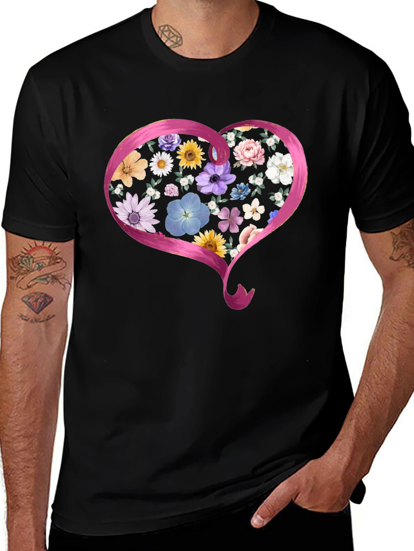 Floral Heart Graphic Black T-Shirt
