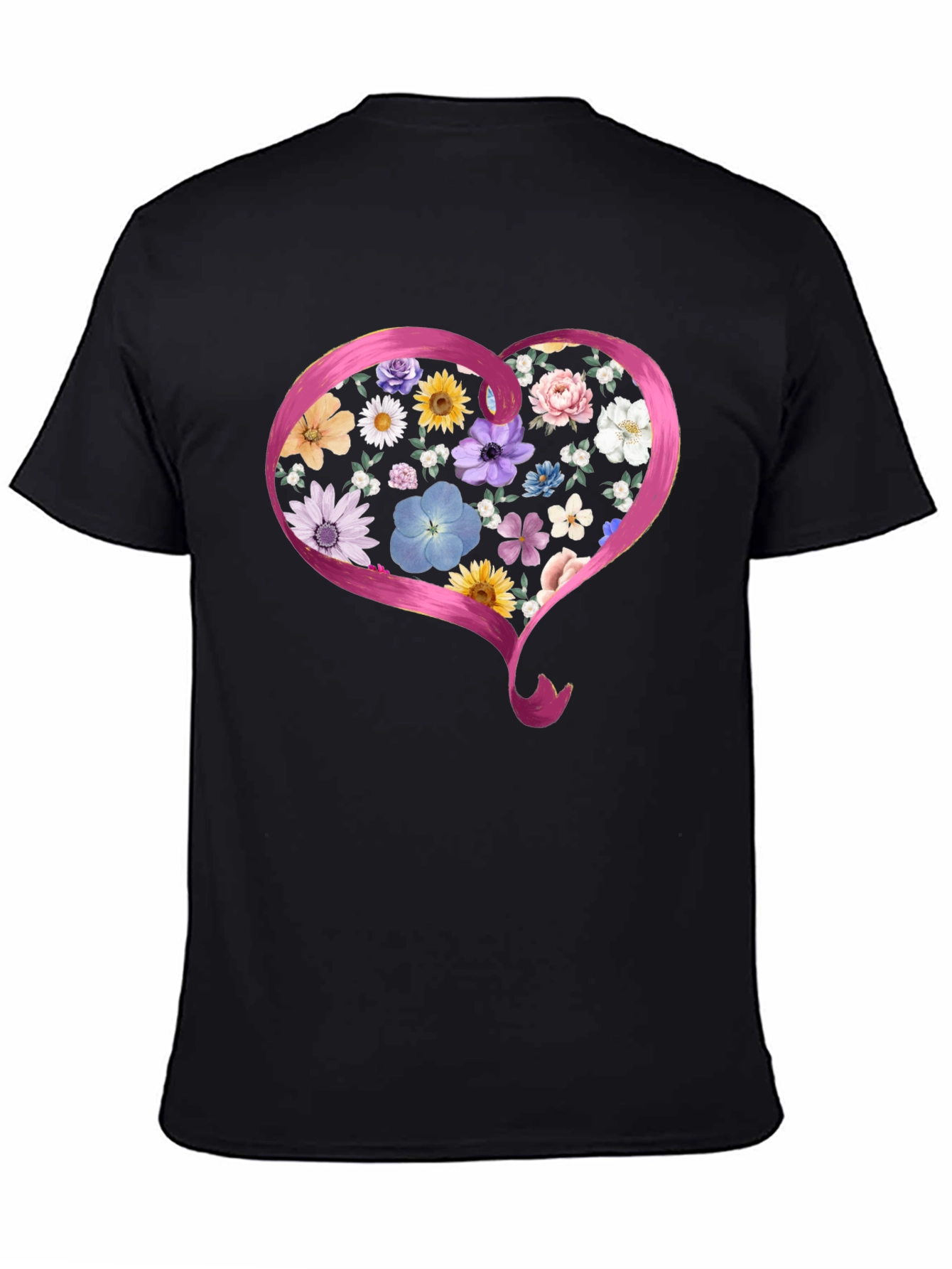 Floral Heart Graphic Black T-Shirt