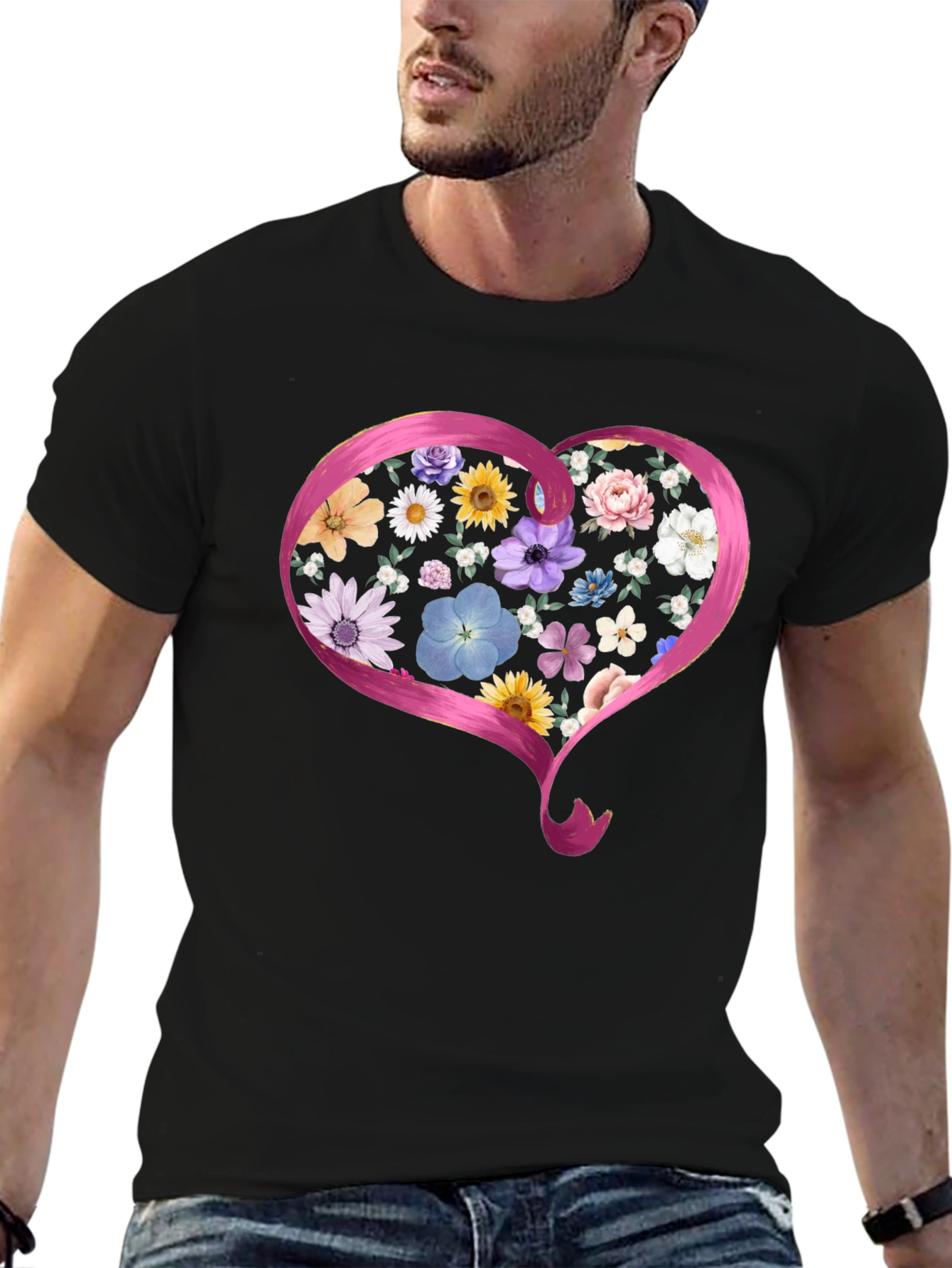 Floral Heart Graphic Black T-Shirt