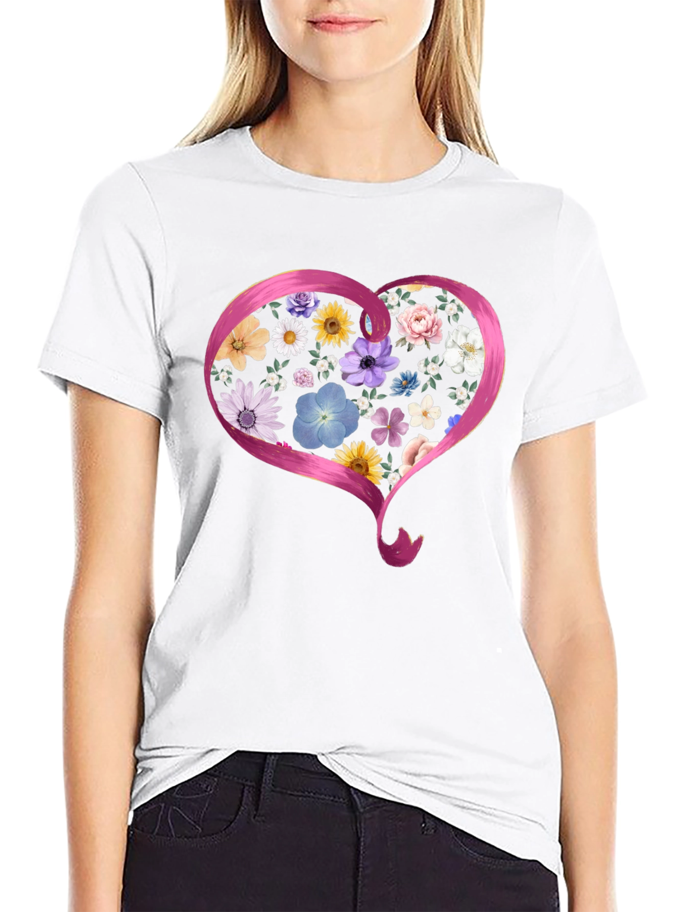 Floral Heart Graphic Black T-Shirt