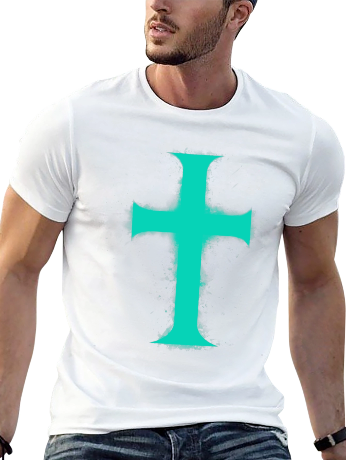 Teal Cross Graphic Print Black T-Shirt