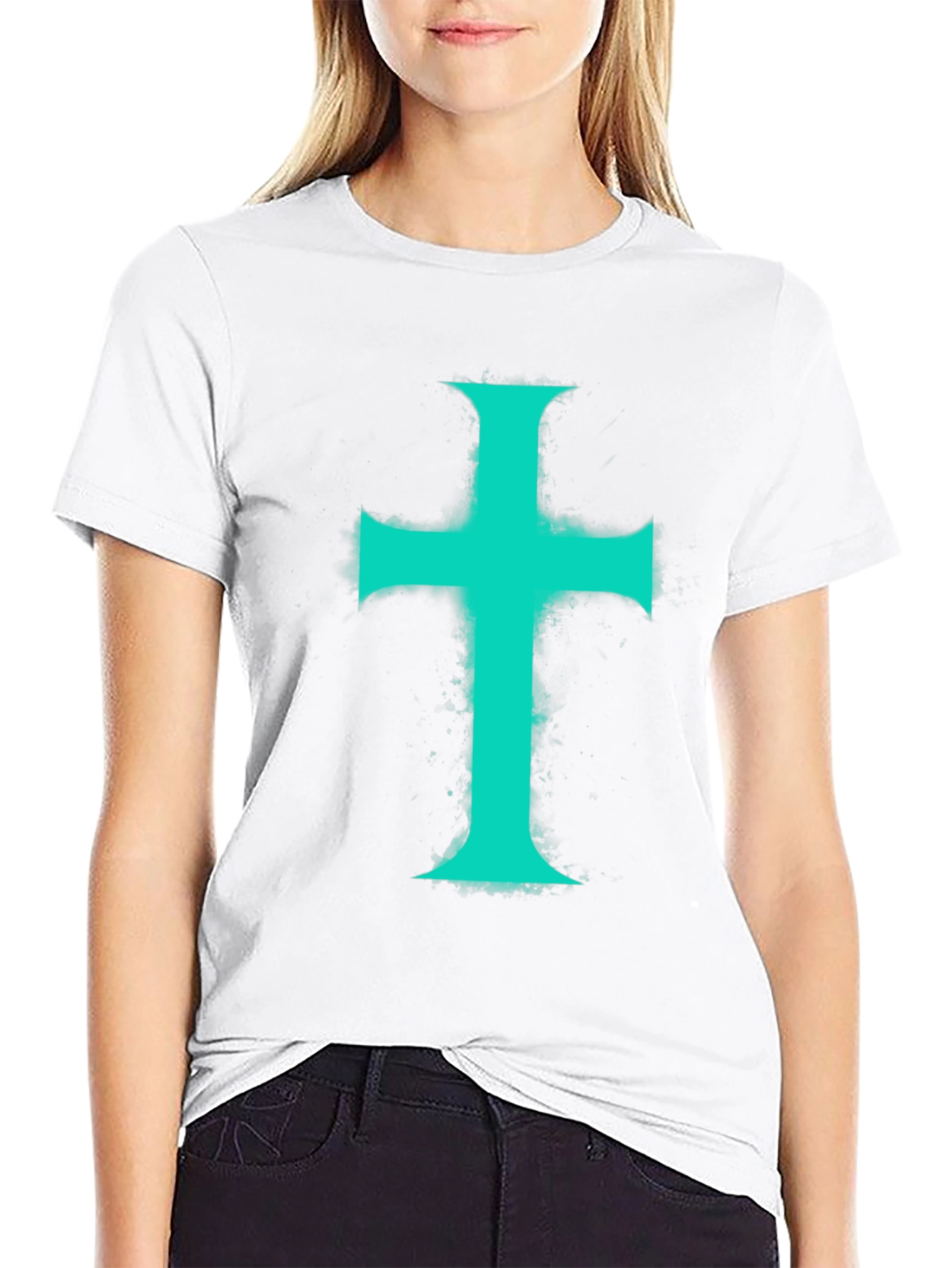 Teal Cross Graphic Print Black T-Shirt