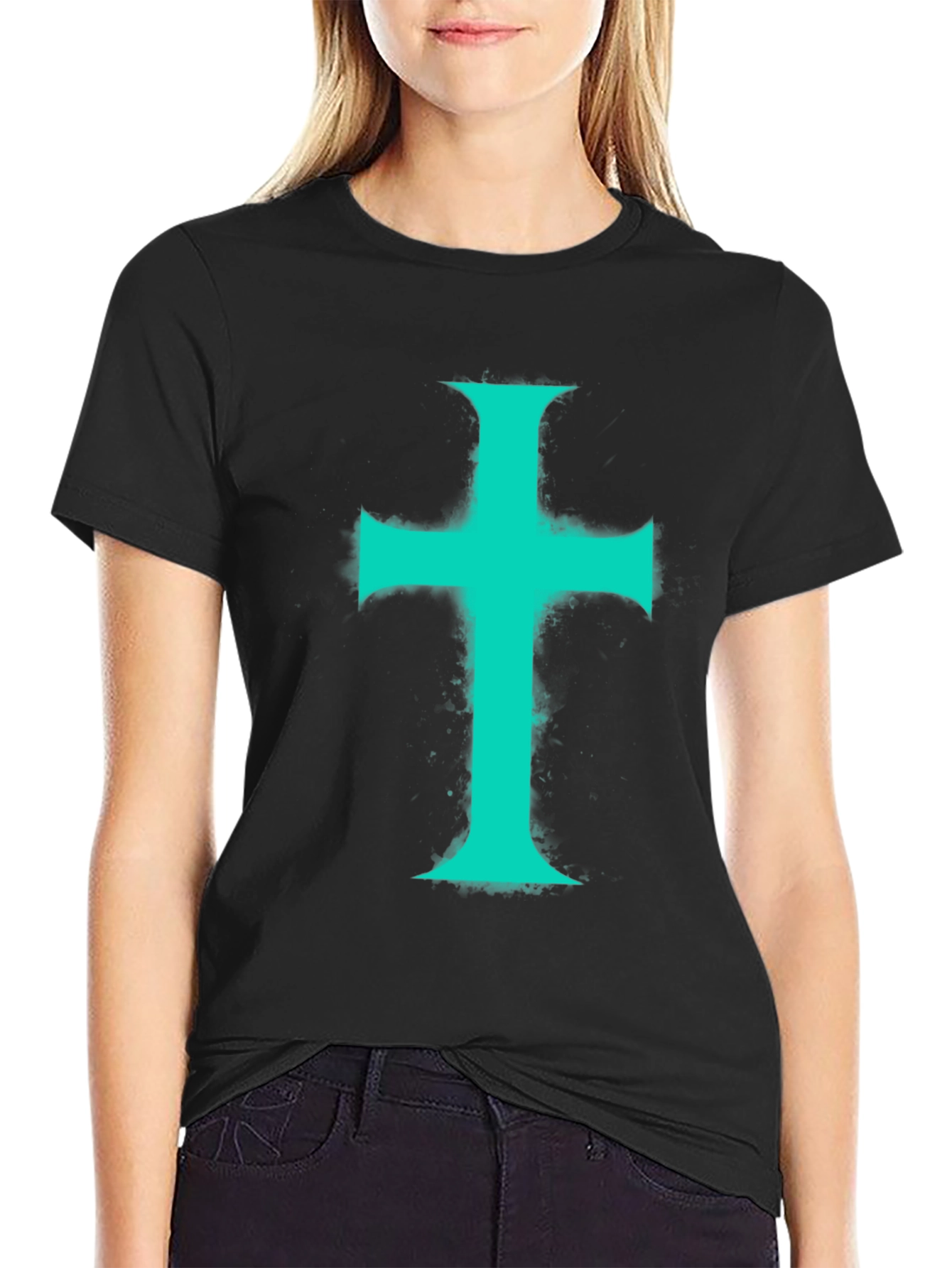 Teal Cross Graphic Print Black T-Shirt