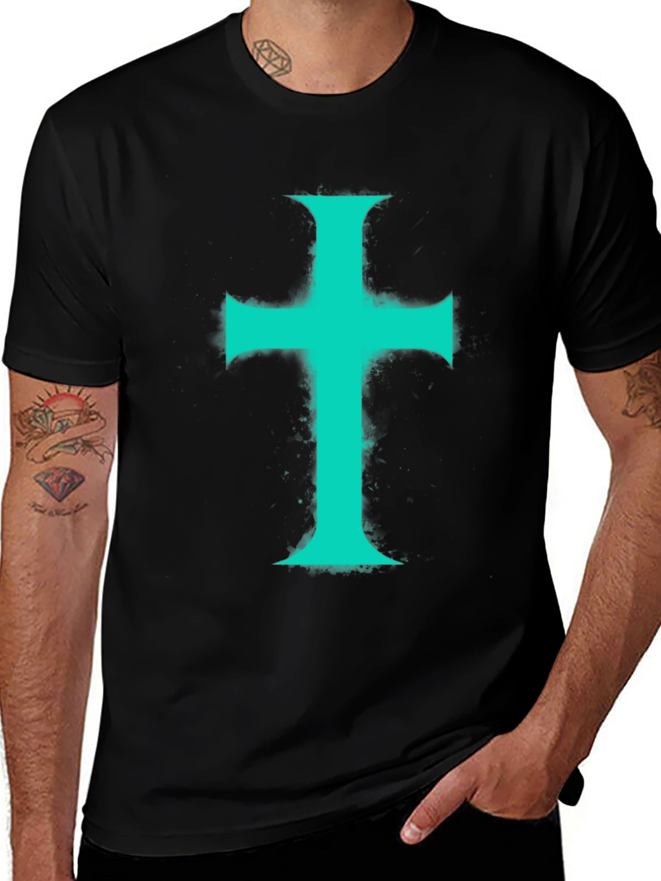Teal Cross Graphic Print Black T-Shirt