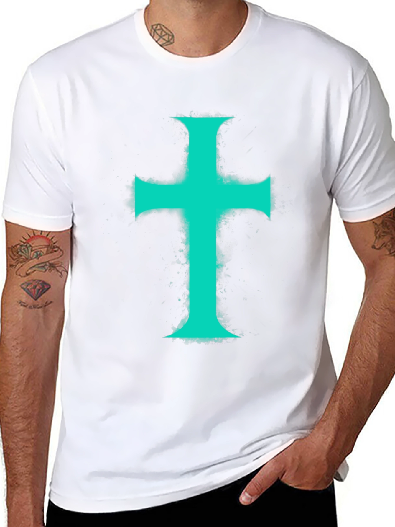 Teal Cross Graphic Print Black T-Shirt