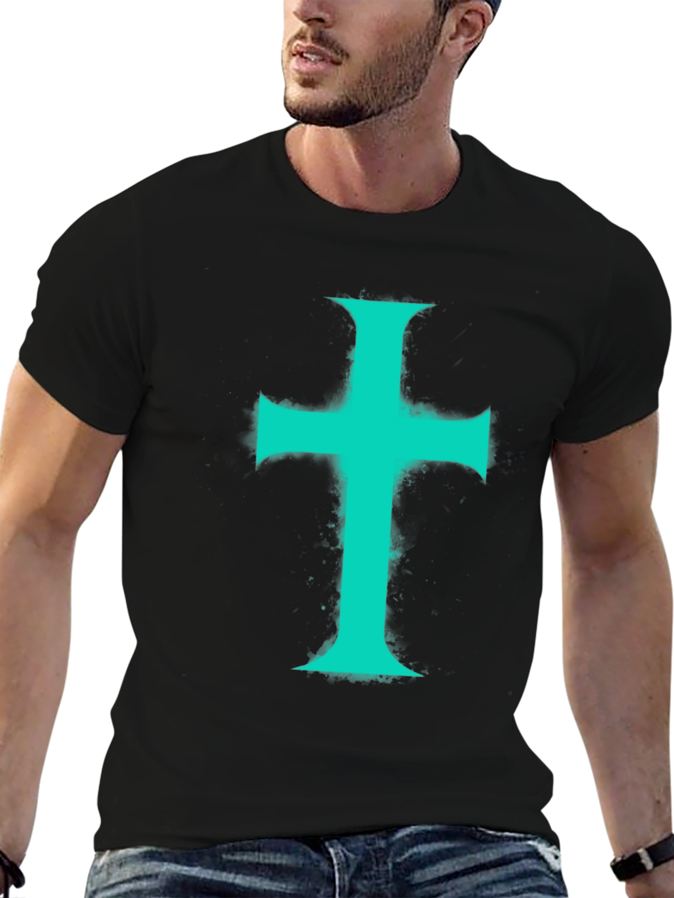 Teal Cross Graphic Print Black T-Shirt