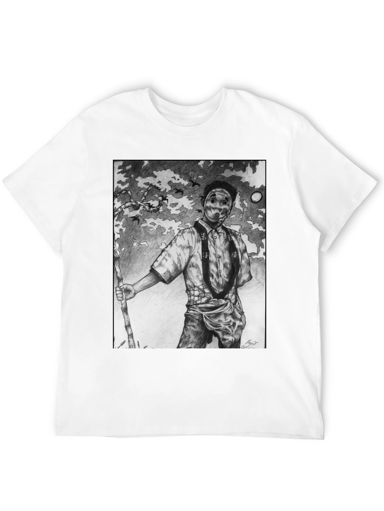 Masked Figure Graphic Tee - Unique Art T-Shirt
