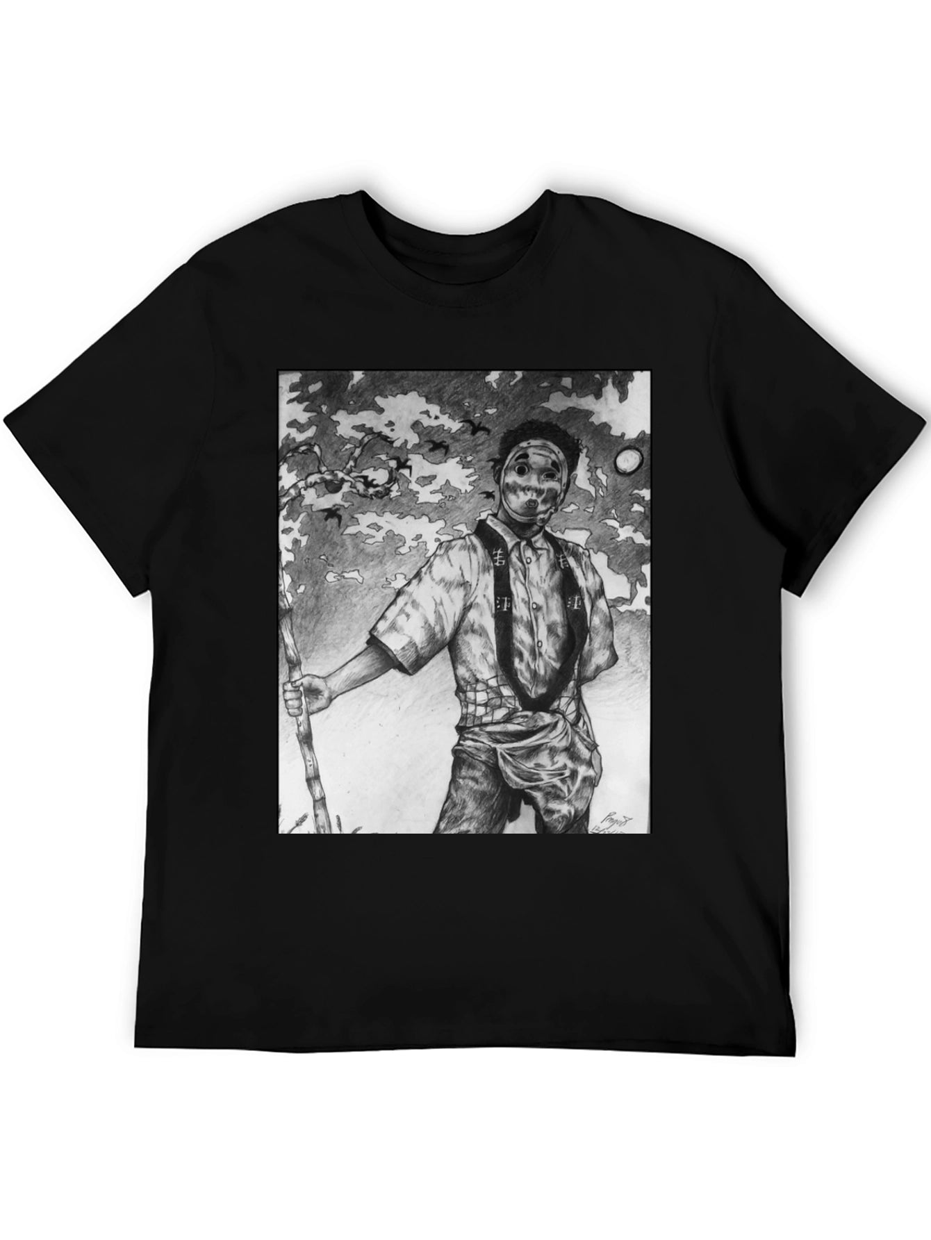 Masked Figure Graphic Tee - Unique Art T-Shirt