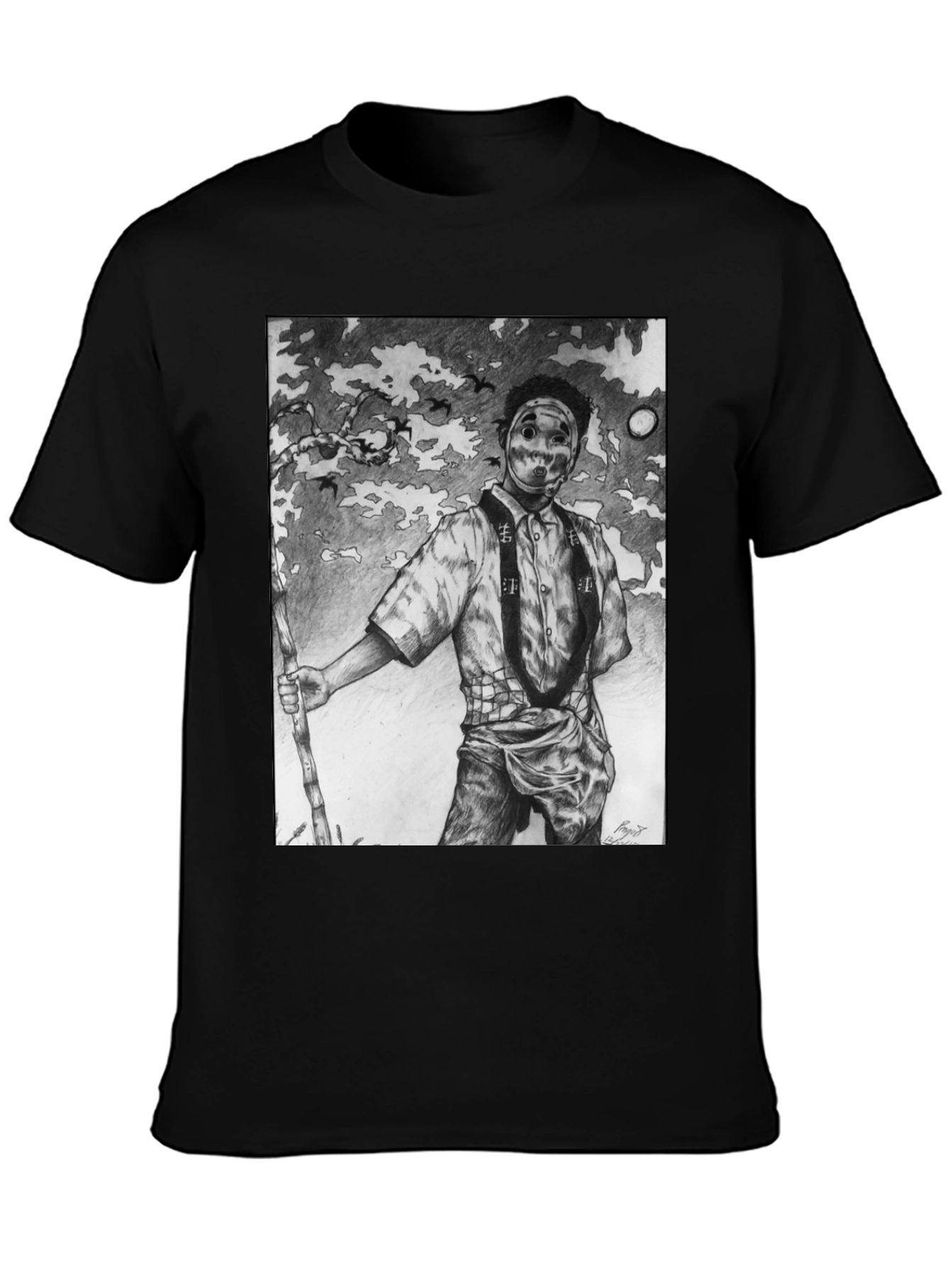 Masked Figure Graphic Tee - Unique Art T-Shirt