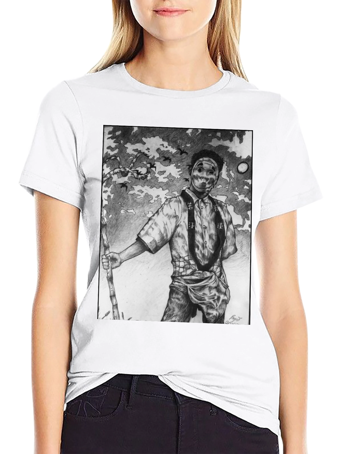 Masked Figure Graphic Tee - Unique Art T-Shirt