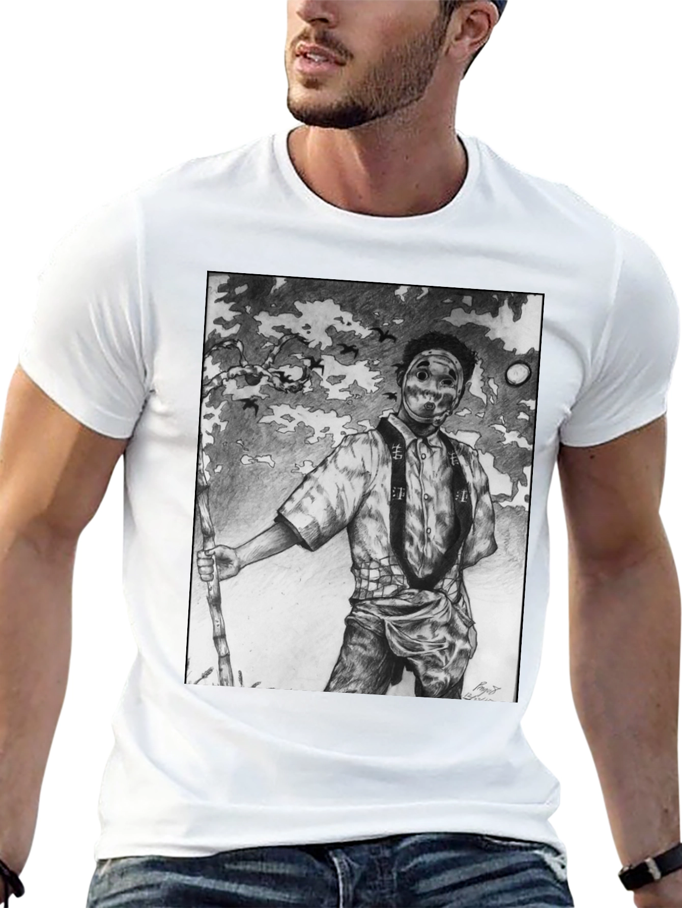 Masked Figure Graphic Tee - Unique Art T-Shirt