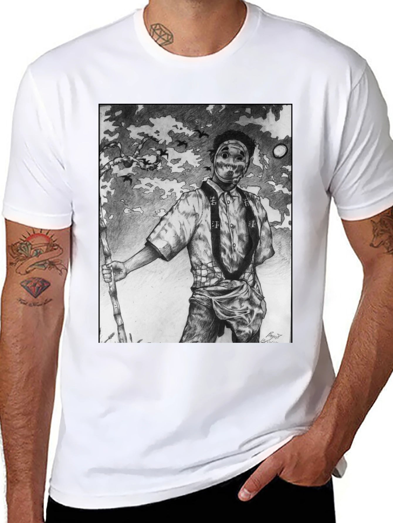 Masked Figure Graphic Tee - Unique Art T-Shirt