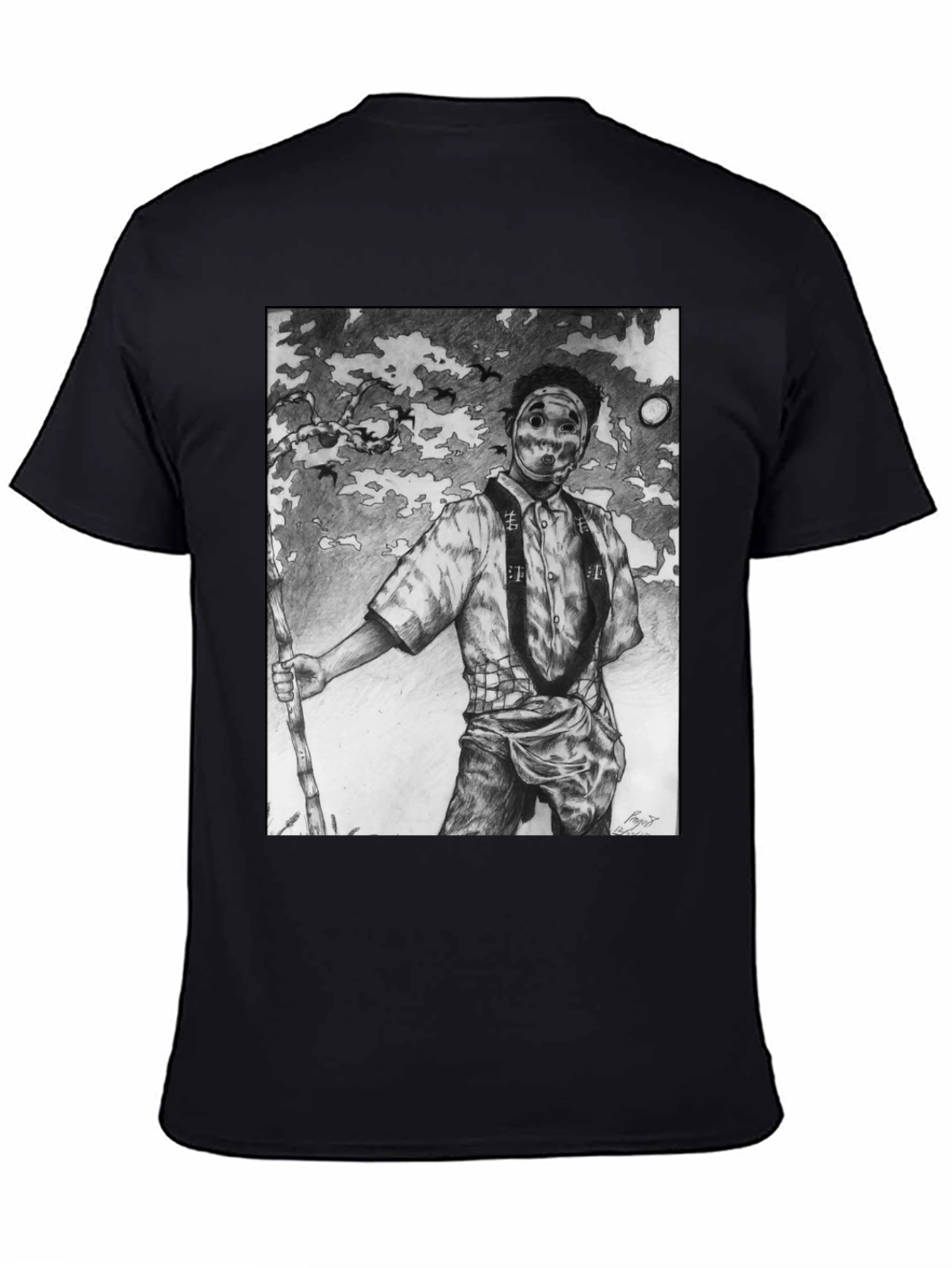 Masked Figure Graphic Tee - Unique Art T-Shirt