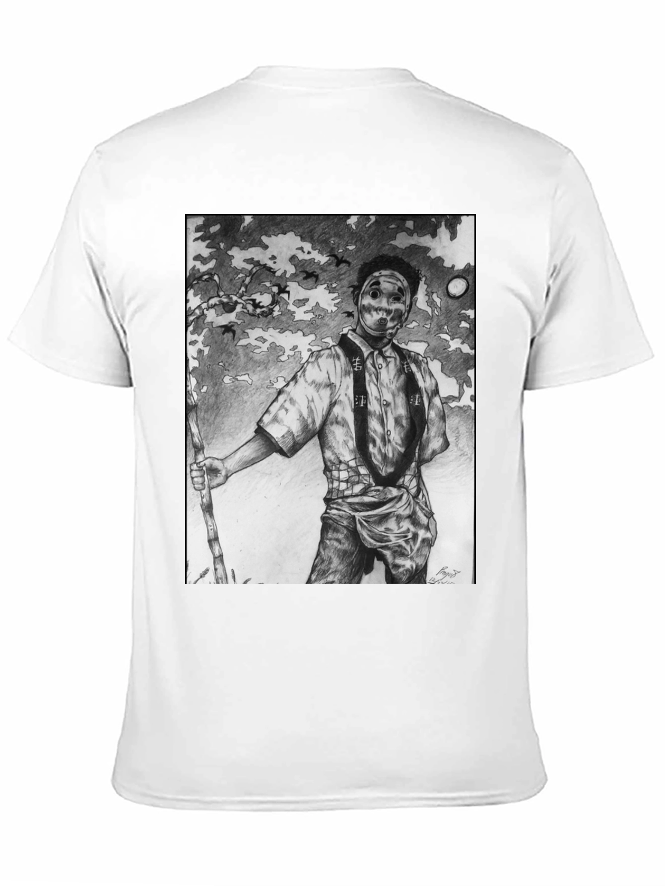 Masked Figure Graphic Tee - Unique Art T-Shirt