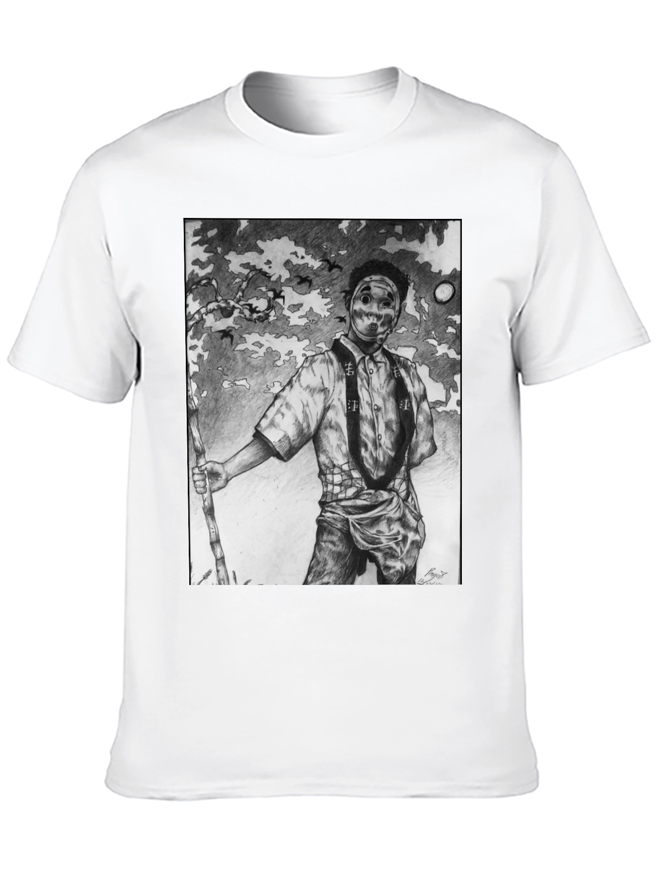 Masked Figure Graphic Tee - Unique Art T-Shirt