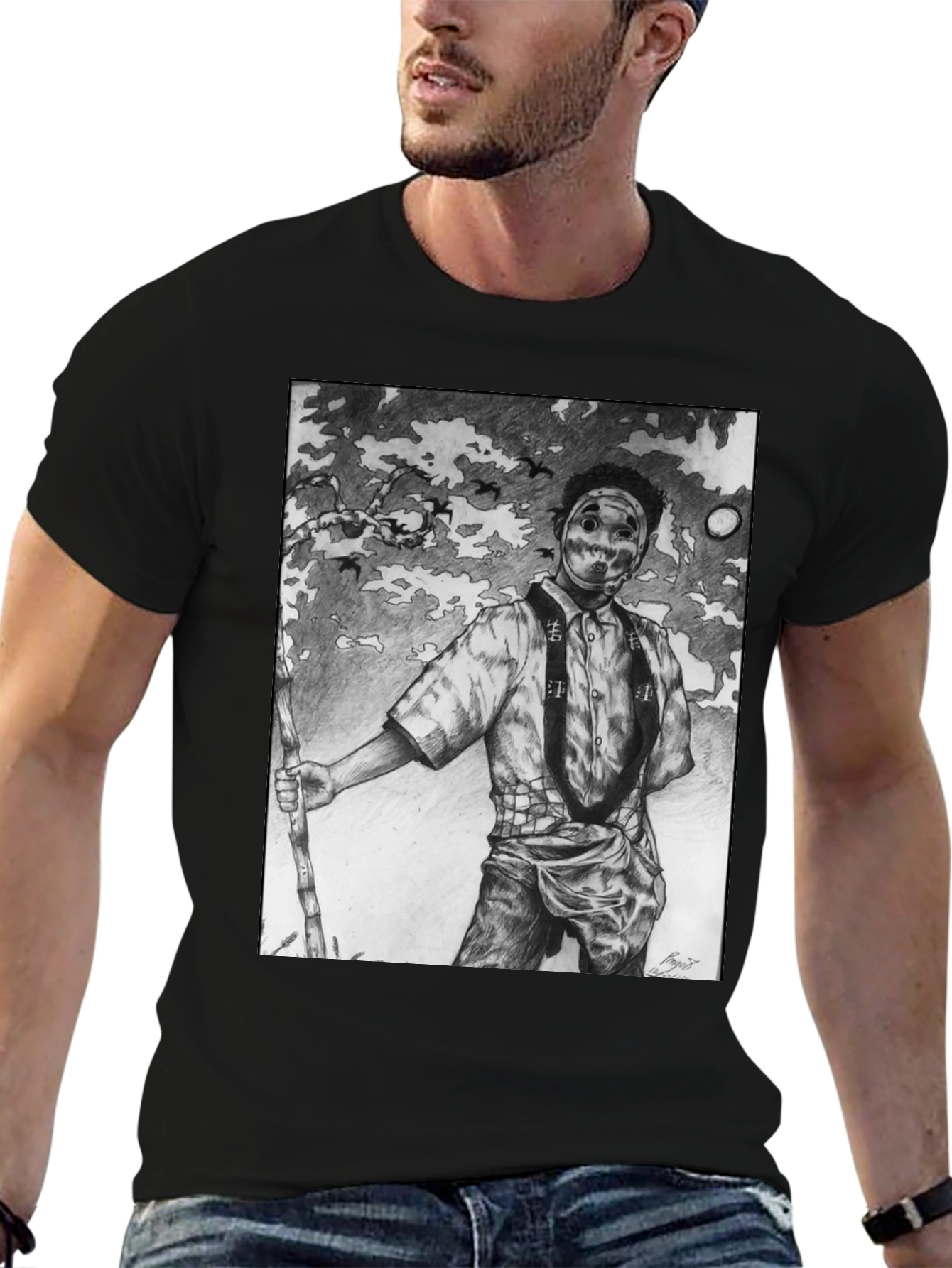 Masked Figure Graphic Tee - Unique Art T-Shirt