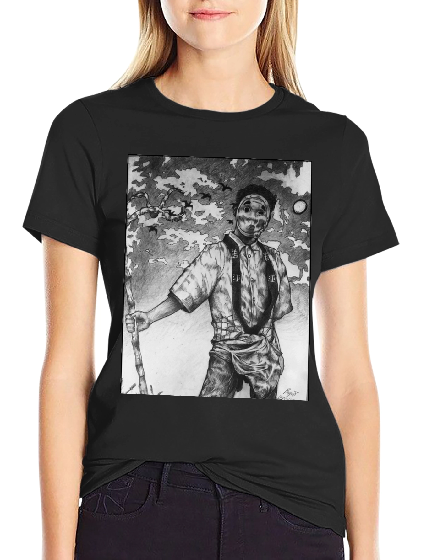 Masked Figure Graphic Tee - Unique Art T-Shirt